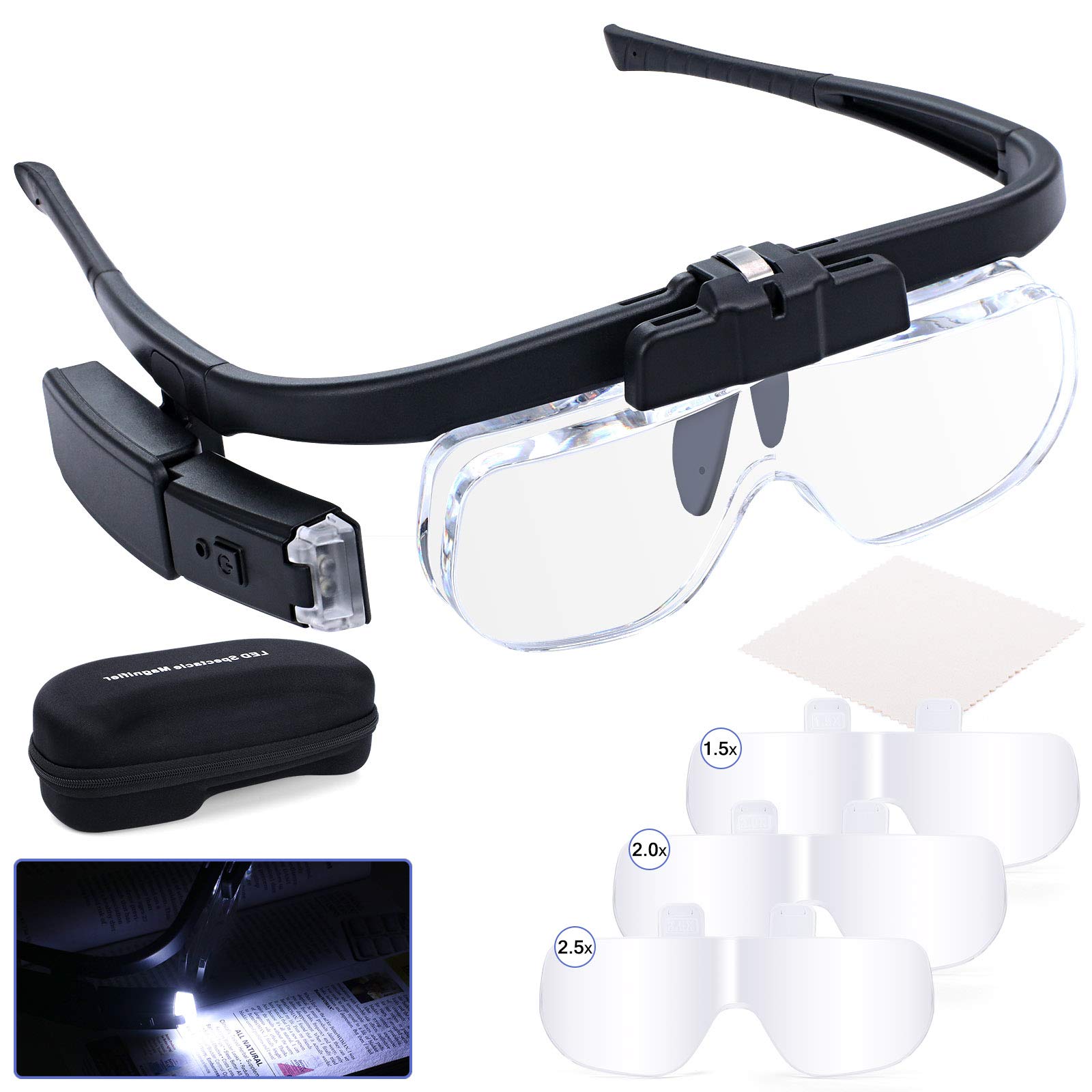 Rechargeable Head Magnifying Glasses with 2 LEDs & 4 Detachable Lenses –  MagniPros