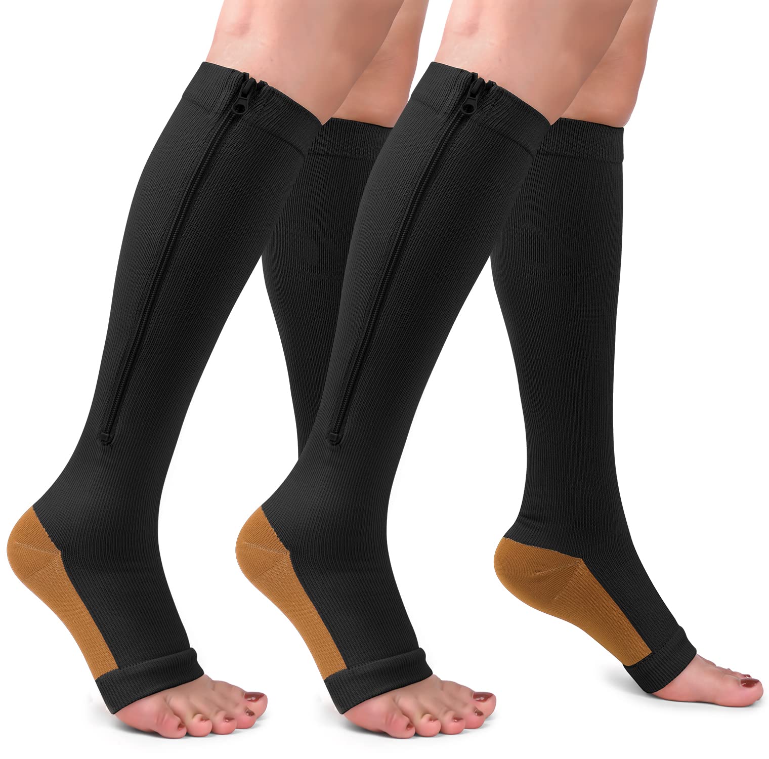 2 Pairs Copper Zipper Compression Socks 15-20mmgh-Calf Knee High Open Toe Support  Stocking Compression Stocking 01-copper Black Large-X-Large