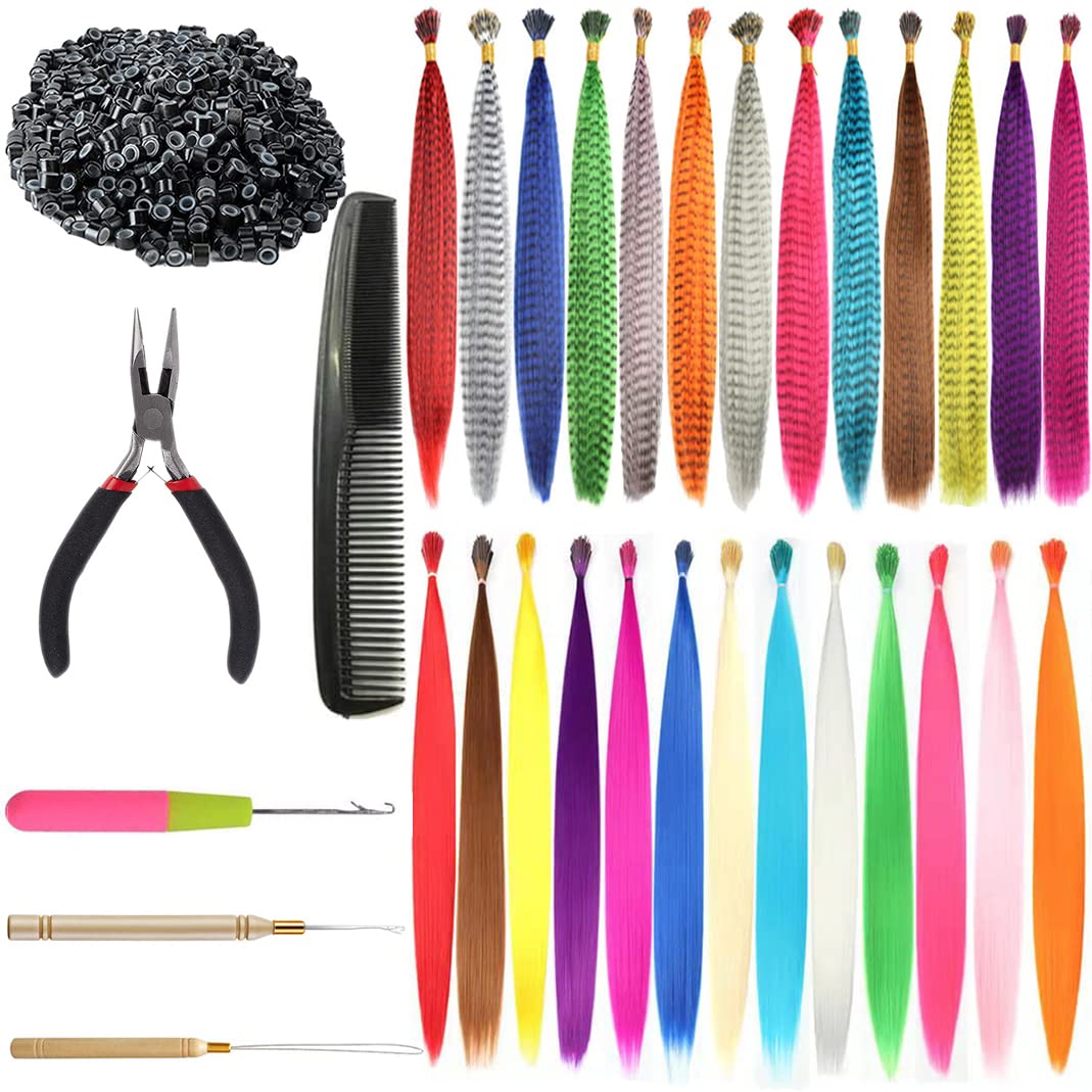 XIAO TAO ZI 17'' Synthetic Feather Hair Extensions 12pcs/Lot Hair Pieces  +100 pcs Silicone Micro Beads+1 pcs Crochet Hook Hair Feathers Tool Kit (20  Inches, 13 Pieces Feather Hair+13 Pieces Rainbow Hair+Hair
