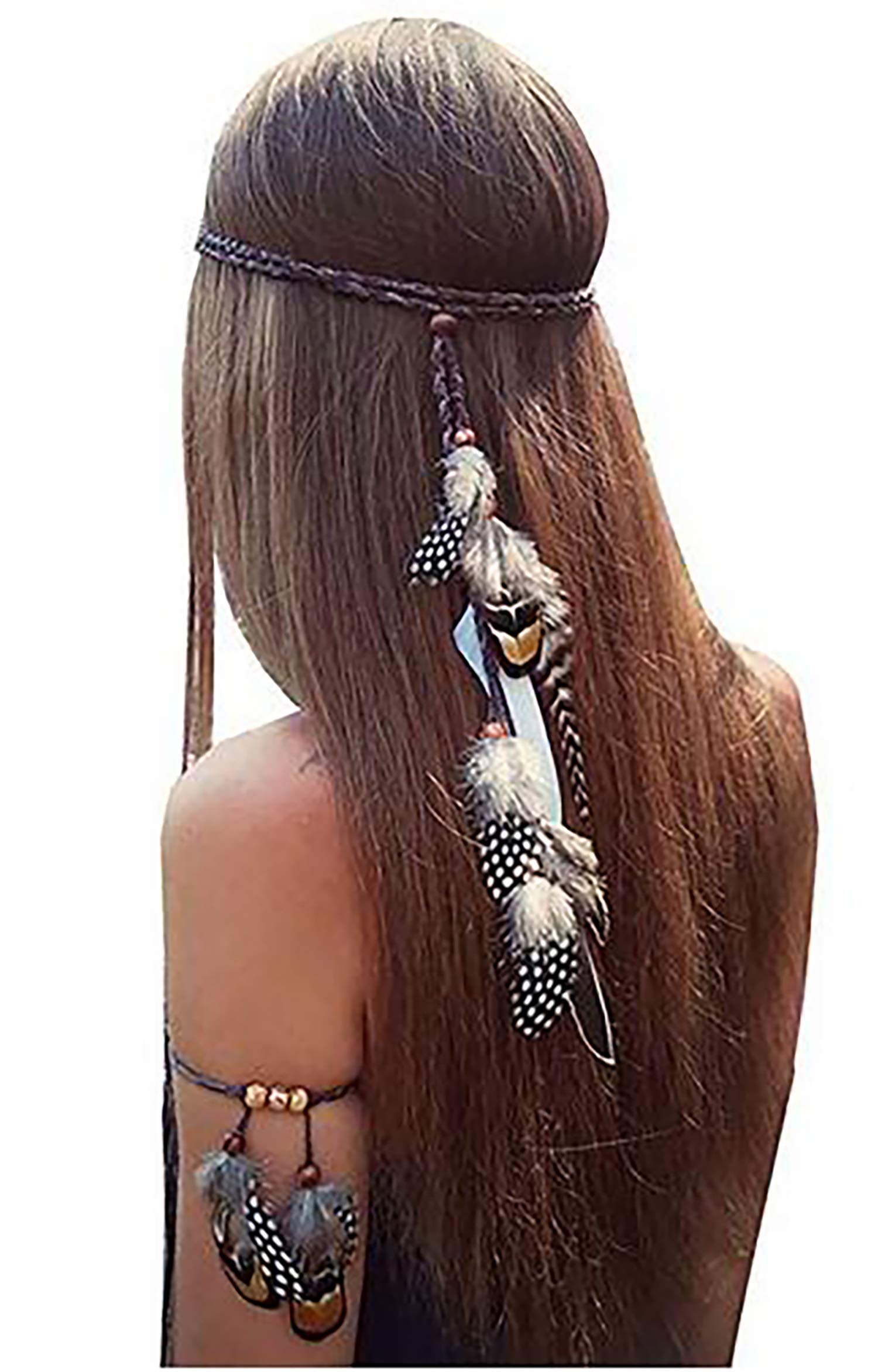 Set of 2 Gypsy Hippie Feather Headband Headdress and Armband Bohemian  Headwear Headpiece Handmade Tribal Indian Fascinator Feather Hairband Hair  Accessories for Women Lady (A)