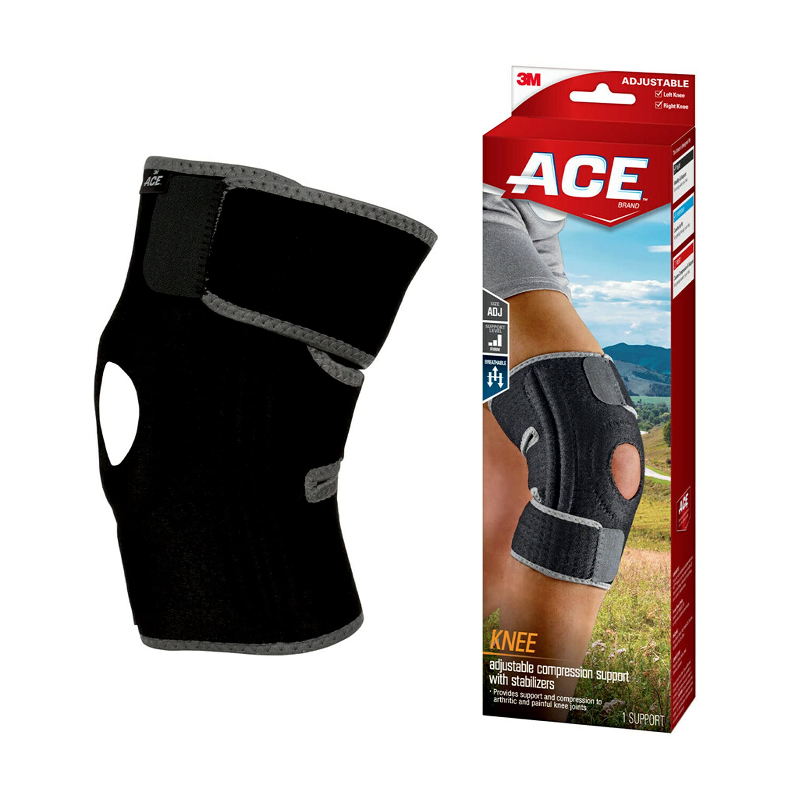 ACE Brand Adjustable Compression Knee Support with Stabilizers Firm Support  for Weak Sore or Injured Joints Compression Knee Brace with Adjustable  Straps Breathable One Size Fits Most Knee Brace with Dual Side