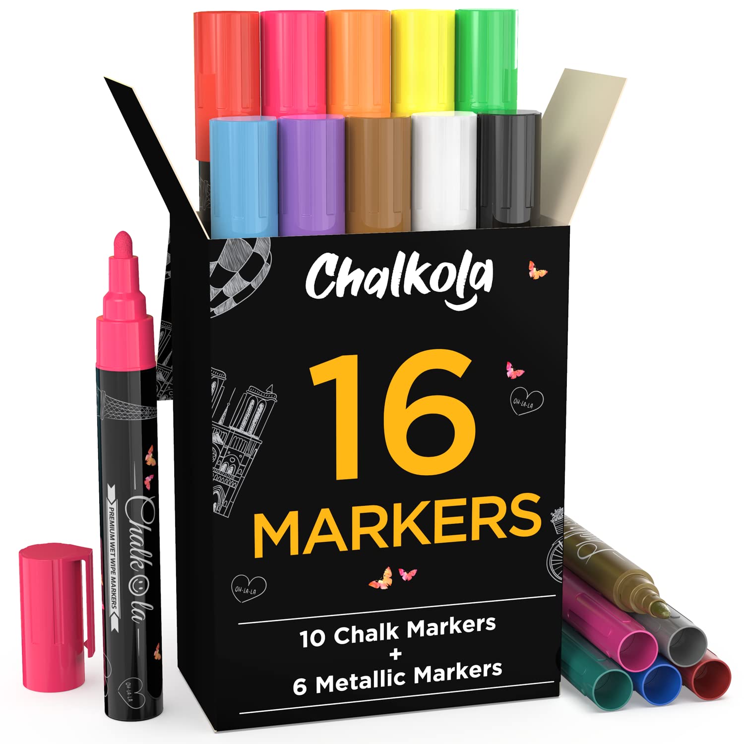 Chalkola Liquid Chalk Markers & Metallic Colors Pack of 16 Chalk