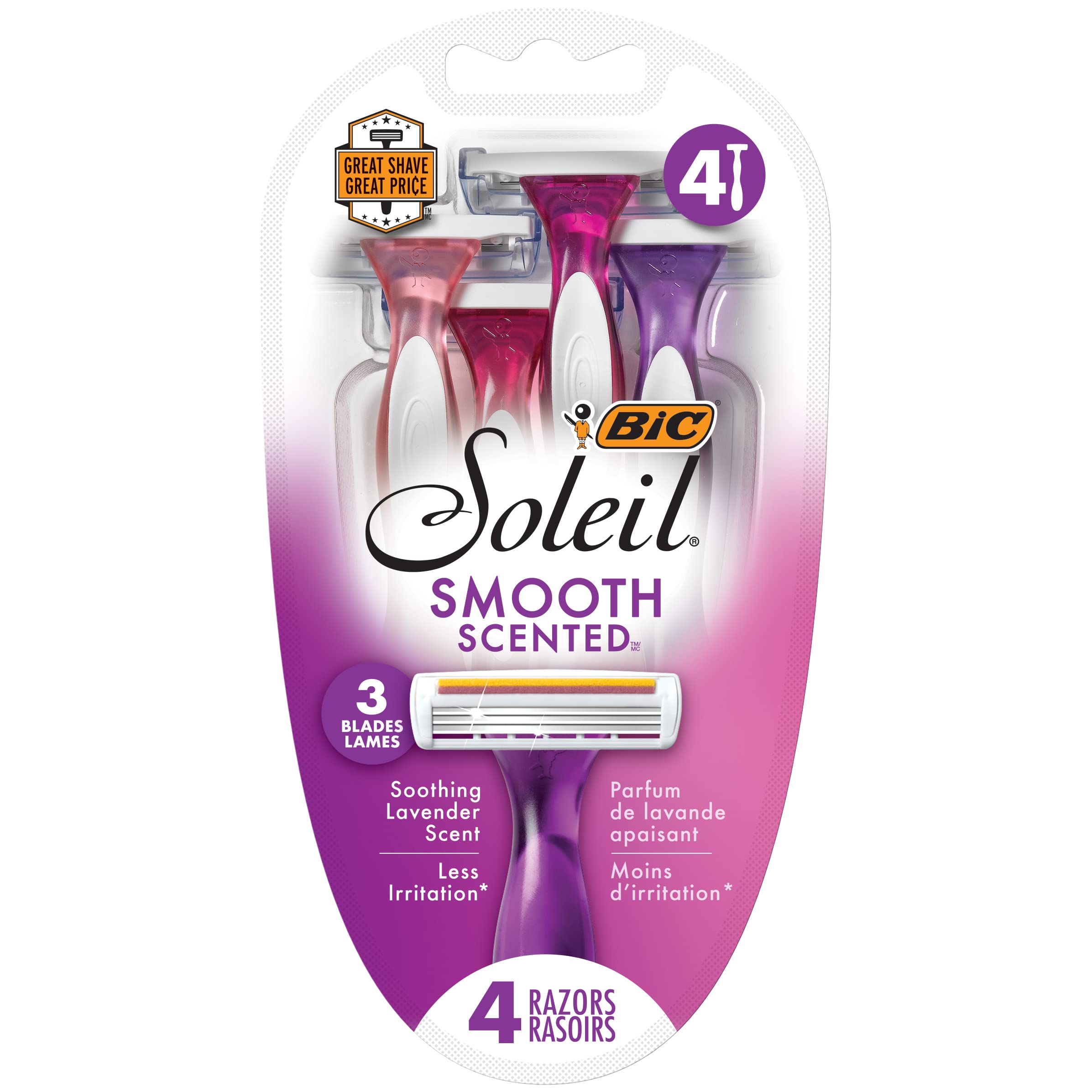 BIC Soleil Smooth Scent Womens Disposable Razor, 3 Blades with a Moisture  Strip For a Silky Shave, Assorted, 4 Piece Razor Set (ST3WP41-ART) 4 Count  (Pack of 1)