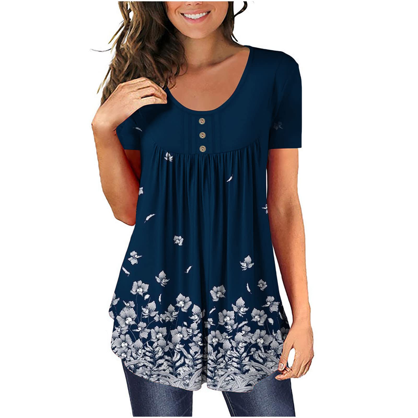 KICILVS Womens Tunic Tops to Wear with Leggings Floral Printed Short Sleeve  Henley V Neck Tshirt