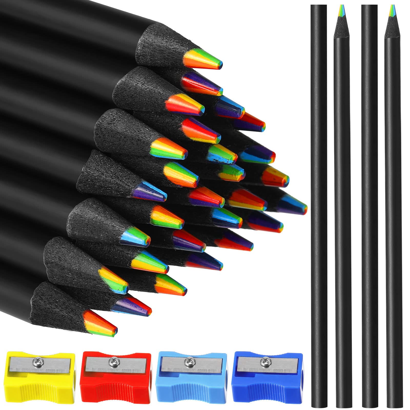 CHENGU 48 Pcs Rainbow Colored Pencils, 7 Color in 1 Rainbow Pencil for Kids,  Wooden Colored Pencil Multi Colored Pencils Bulk with 4 Pieces Sharpener  for Kids Adults Art Drawing (Black Wood)