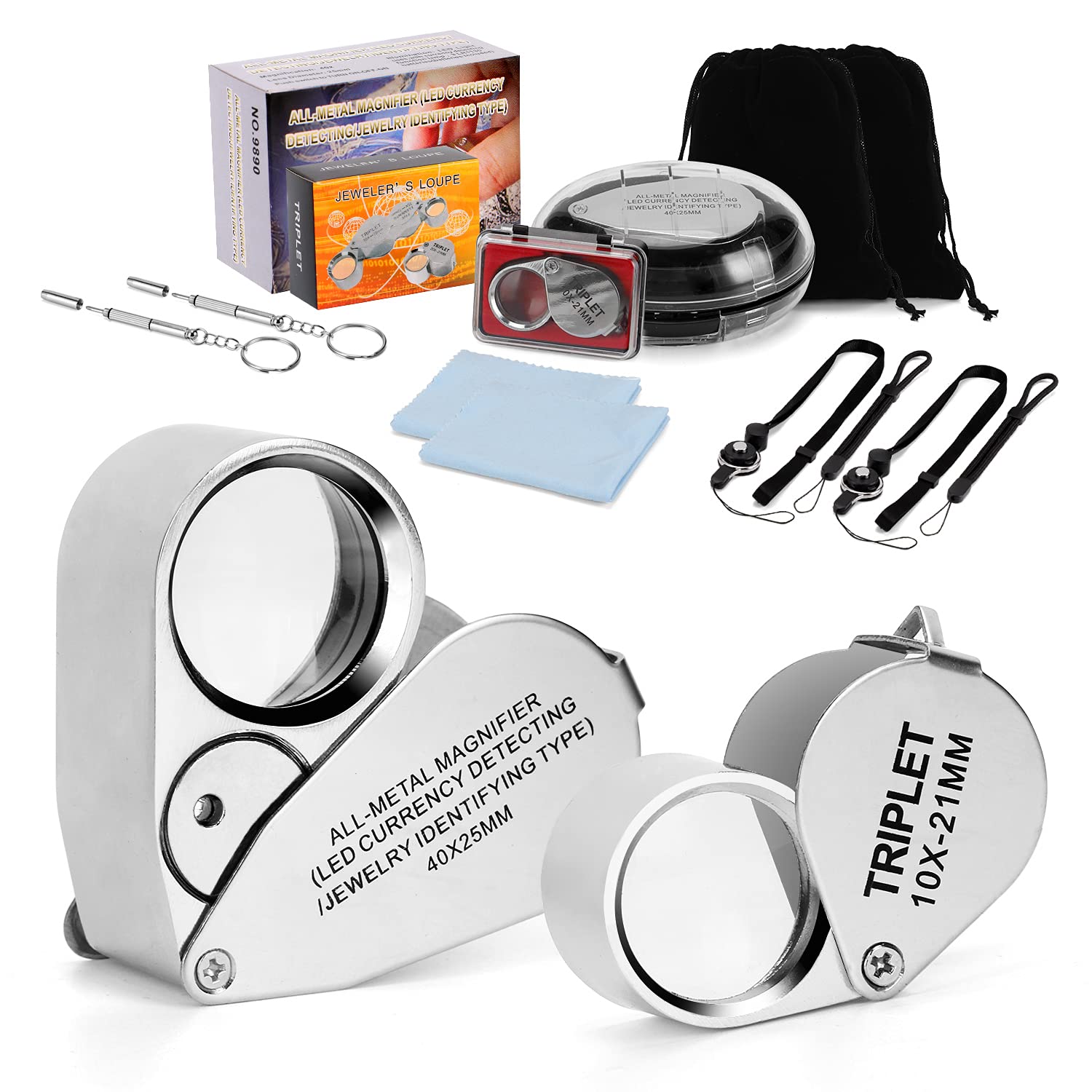 Wanapure 10&40 Metal Jewelry Loop Magnifier, Jewelers Eye Loupe with LED  Light, Includes Drawstring Bag and Adjustable Lanyard, Pocket Illuminated  Magnifying Glass for Gems, Rock Collection 10x & 40x