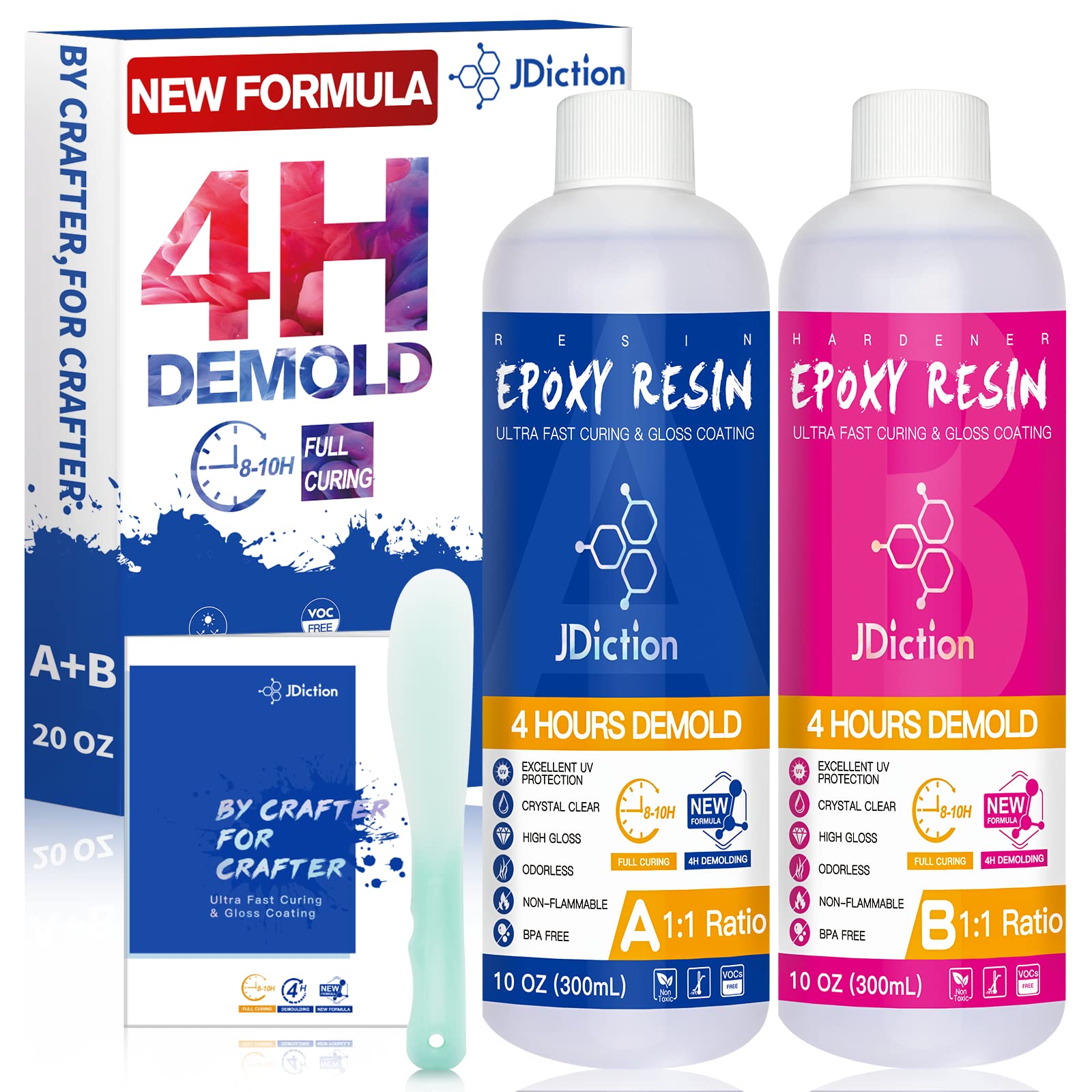 JDiction Fast Curing Epoxy Resin 4 Hours Demold Upgrade Formula Fast Curing  and Bubble Free Epoxy Resin Crystal Clear Epoxy Resin Kit Self Leveling and  Easy Mix for Art Craft Jewelry- 20OZ