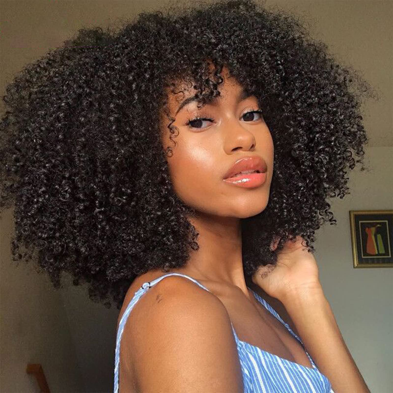 Afro Kinky Curly Wig With Bangs Brazilian Virgin Curly Human Hair Wig 200% Density Full Machine Made Scalp Base Top Wigs for Black Women Natural Color 18inch 18 Inch Natural Color Afro Kinky Curly Wig With Bangs Brazilian Virgin Curly Human Hair Wig 200% Density Full Machine Made Scalp Base Top Wigs for Black Women Natural Color 18inch 18 Inch Natural Color