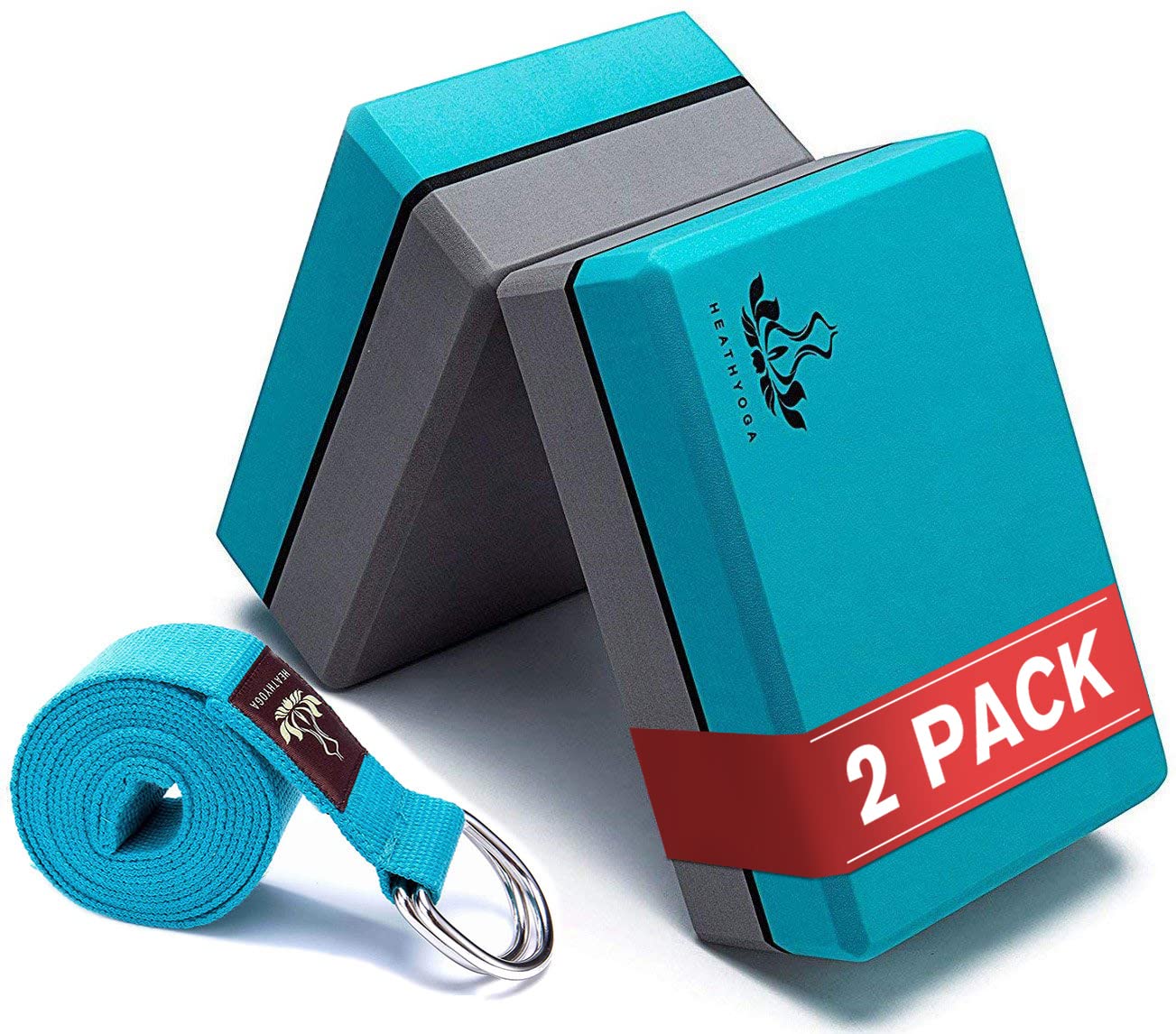 Heathyoga Yoga Blocks 2 Pack with Strap, High Density EVA Foam Yoga Block  and Yoga Strap Set to Support and Improve Poses and Flexibility Turquoise