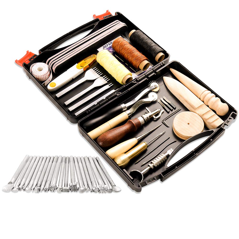 50 Pieces Leather Working Tools and Supplies with Leather Tool Box Prong  Punch Edge Beveler Wax Ropes Needles Perfect for Stitching Punching Cutting  Sewing Leather Craft Making