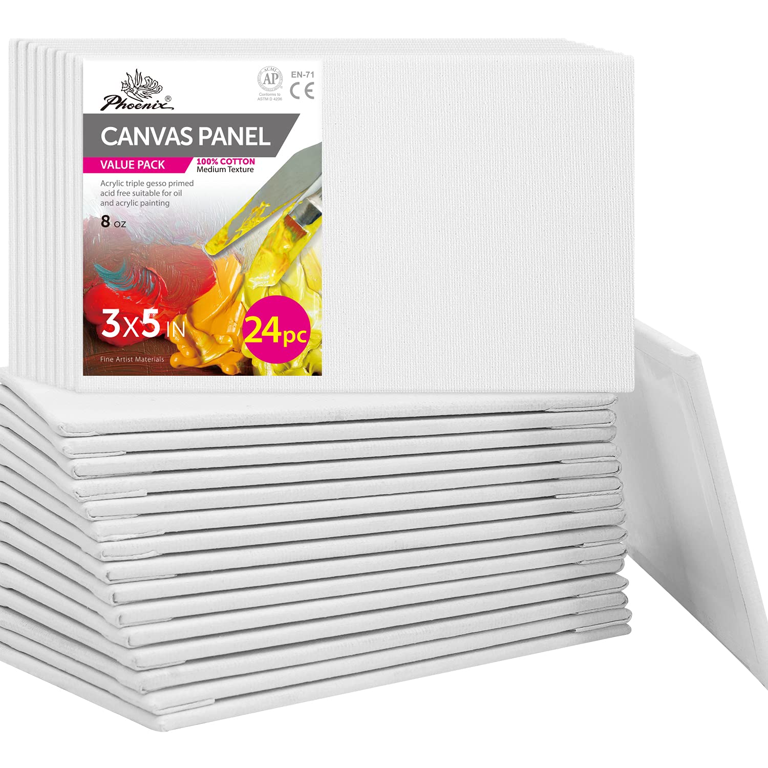 PHOENIX Painting Canvas Panels 3x5 Inch 24 Bulk Pack 8 Oz Triple