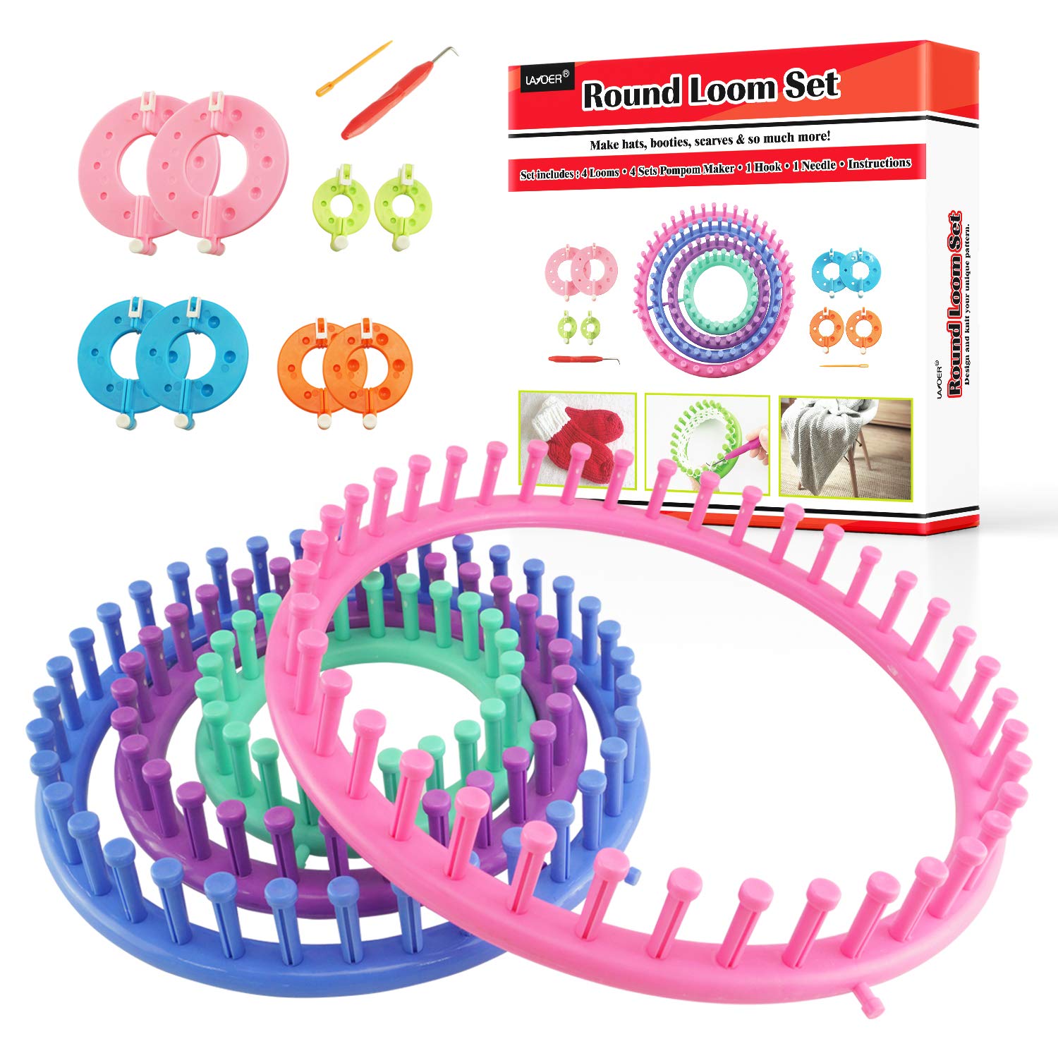 LAYOER Round Knitting Loom Set Pompom Ball Maker with Needle Hook Circle  Hat Looms Round+Pompom maker