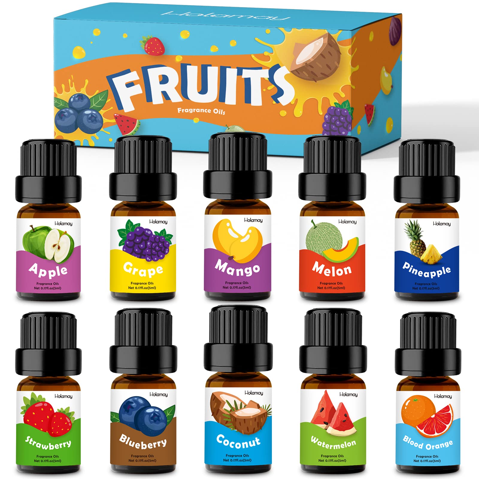 Fruity Fragrance Oil for Candle & Soap Making, Holamay Premium Fruit Essential Oils 5ml x 10 - Coconut, Strawberry, Mango, Pineapple and More