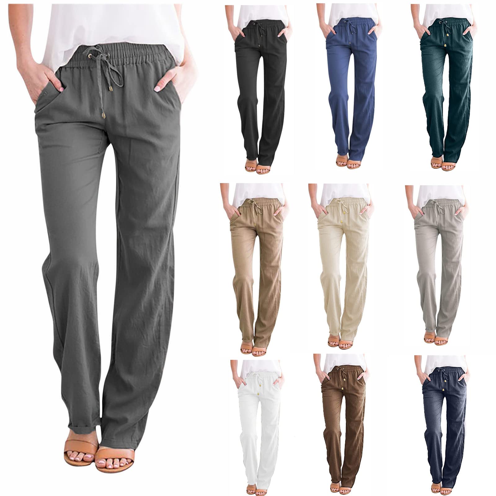 Pants For Women High Waisted Wide Leg Casual Drawstring Elastic Trousers  Comfy Straight Long With Pockets Silver XL