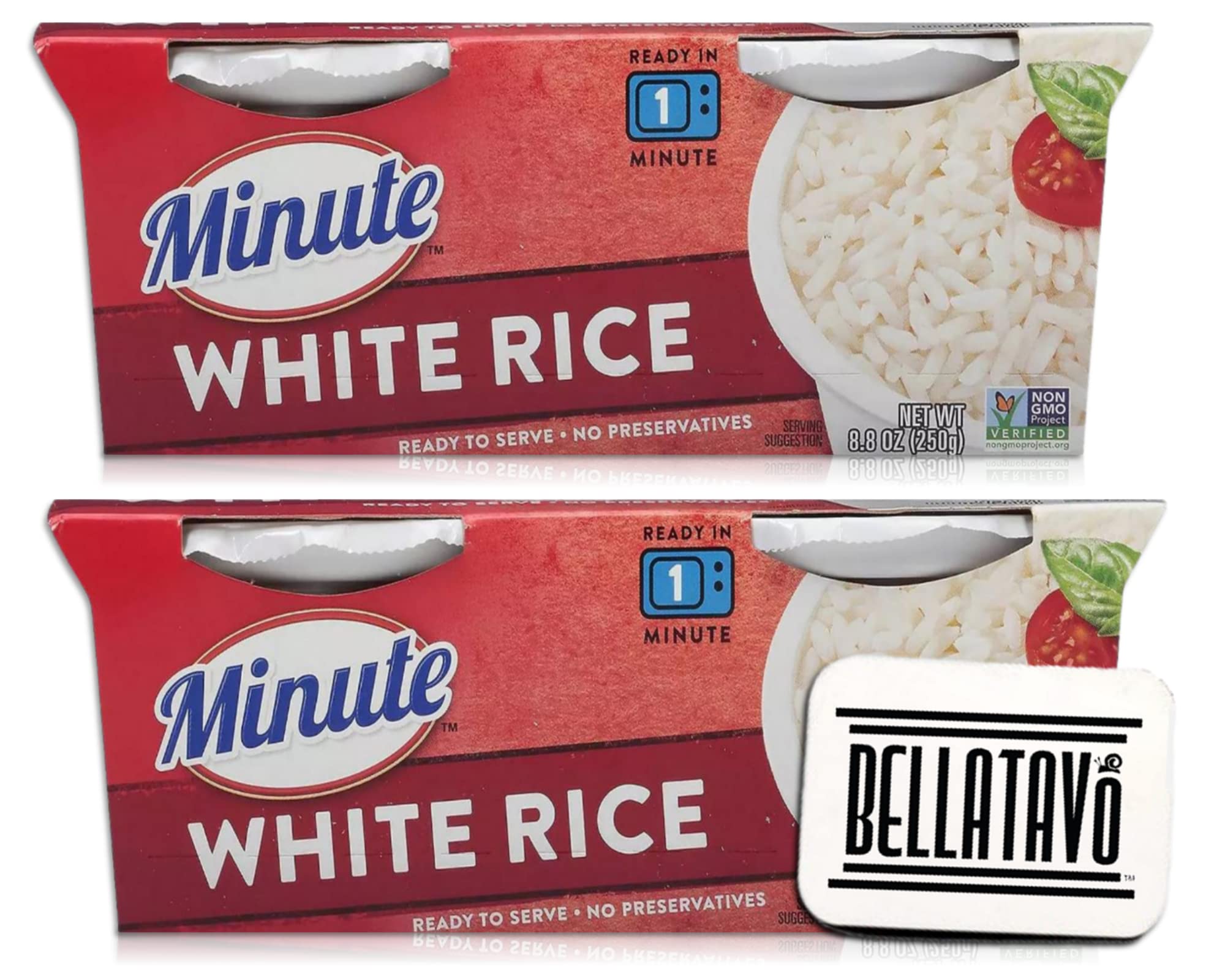Microwavable Rice Bundle. Includes Two- 8.8 Oz Packages of Minute Rice and  a BELLATAVO Ref Magnet! Each Package Contains Two Cups of Microwavable  White Rice. Total of 4 Cups of Instant Cooked Rice!