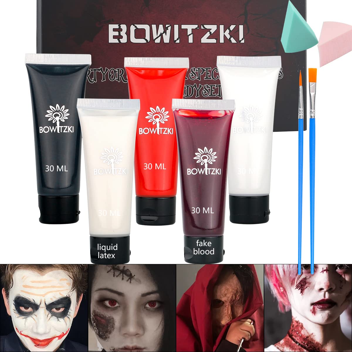 Bowitzki SFX Makeup Kit Halloween Makeup Water Based Cream Face Body Paint  Clear Liquid Latex Fake Stage Blood Brush Sponges Painting Special Effects  Zombie Vampire Monster Scar Wound Christmas Party red black