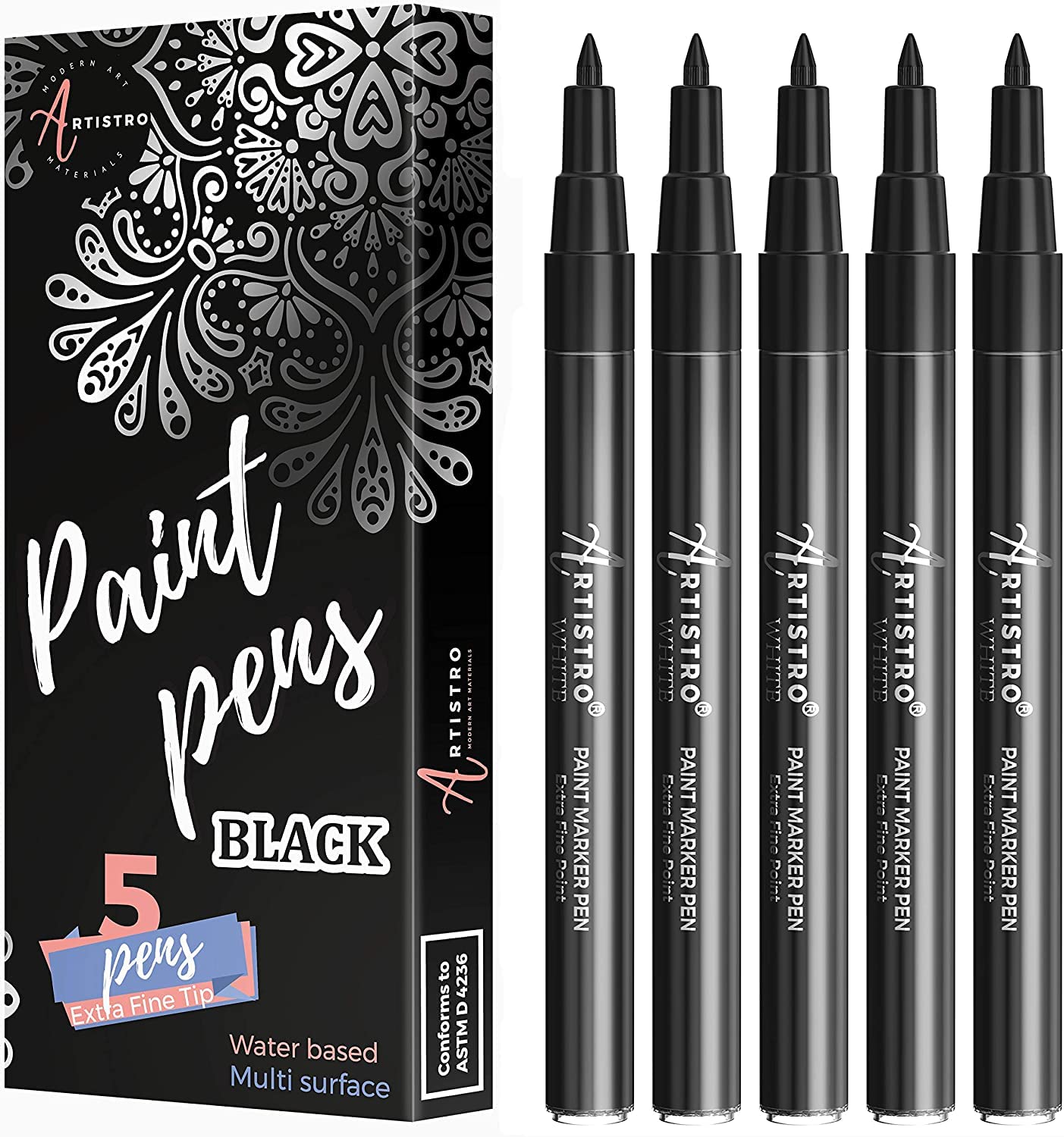 ARTISTRO Black Paint Pens for Rock Painting Stone Ceramic Glass Wood Tire  Fabric Metal Canvas. Set of 5 Water Based Black Markers for Acrylic  Painting Extra Fine Point Tip 5 Black Extra-Fine