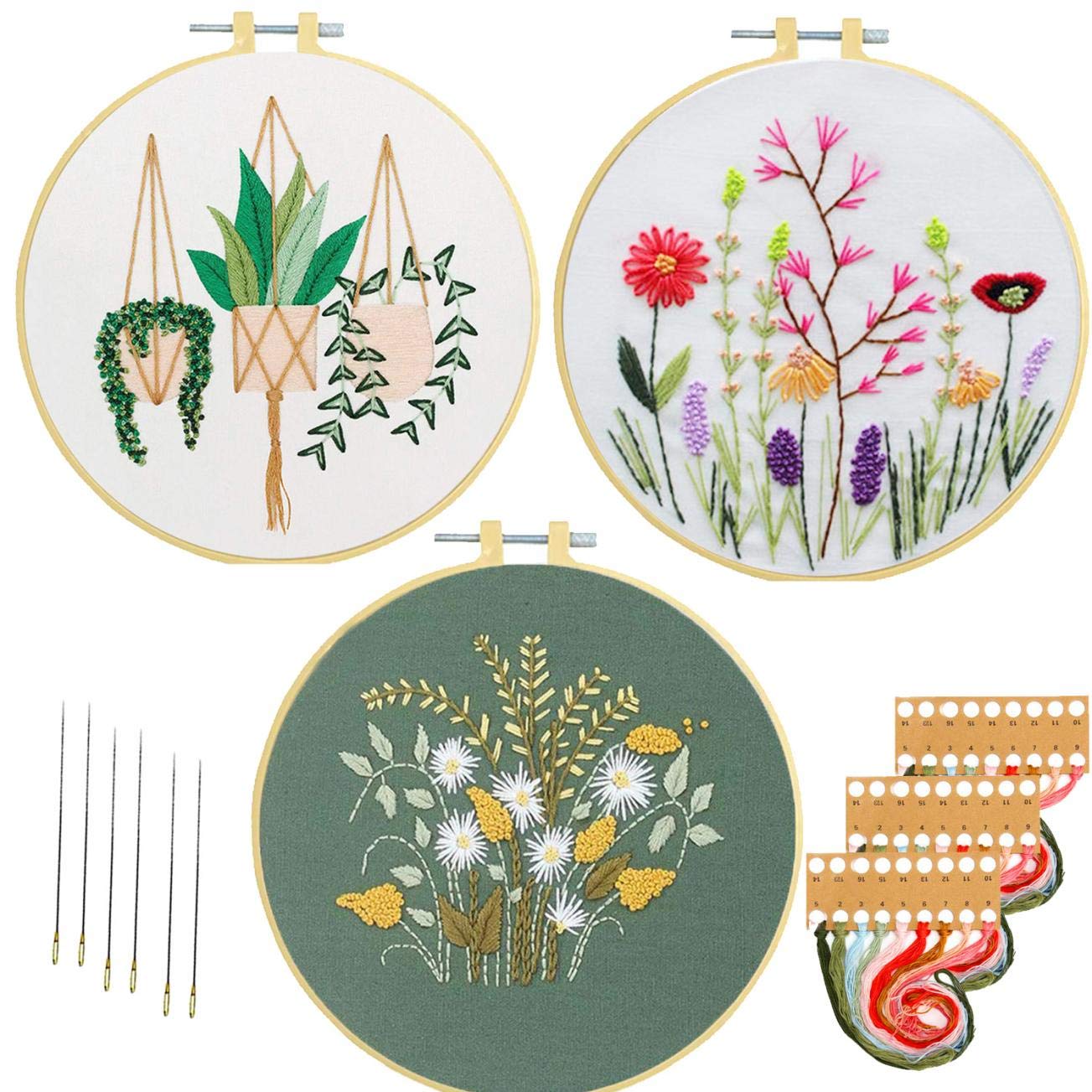 Nuberlic 3 Pack Embroidery Kits for Beginners Starters Cross Stitch Kits  with Pattern for Adults Kids Craft Stamped Embroidery Cloth 3 Hoops Threads  Needles color 2