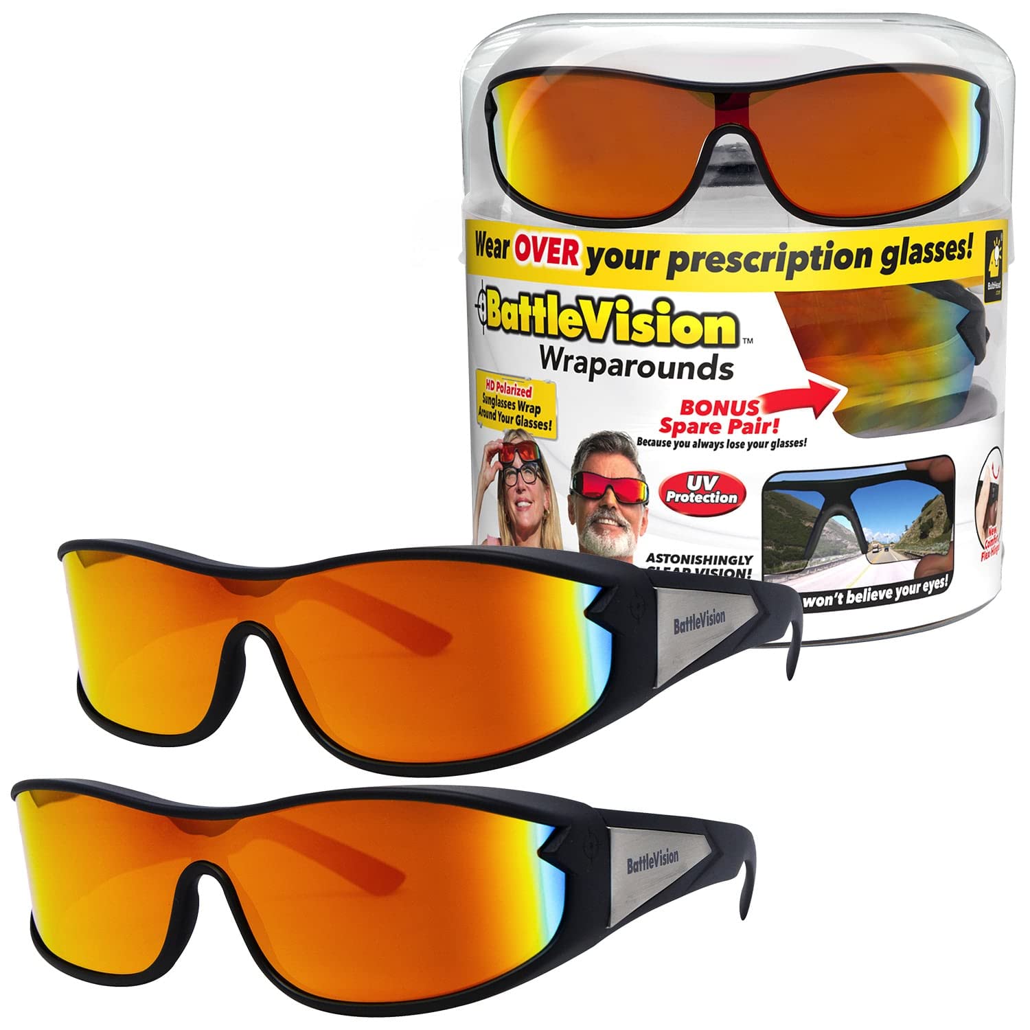BattleVision Wrap Arounds HD Polarized Sunglasses, As Seen On TV, Fits Over  Your Prescription Eyeglasses and