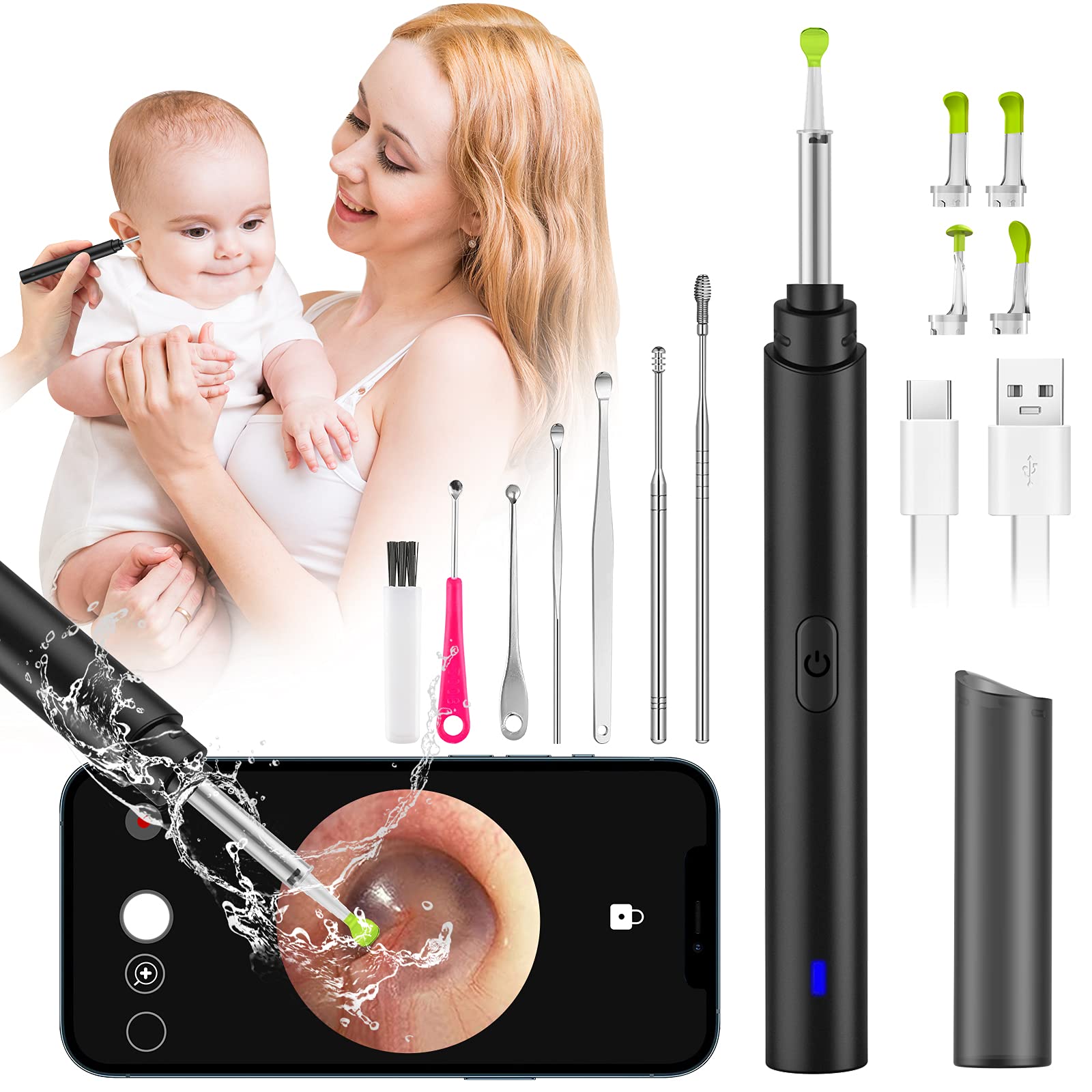 Ear Wax Removal Tool Camera, Smart Visual Ear Cleaner, 1296P FHD Wireless  Ear Otoscope with 6