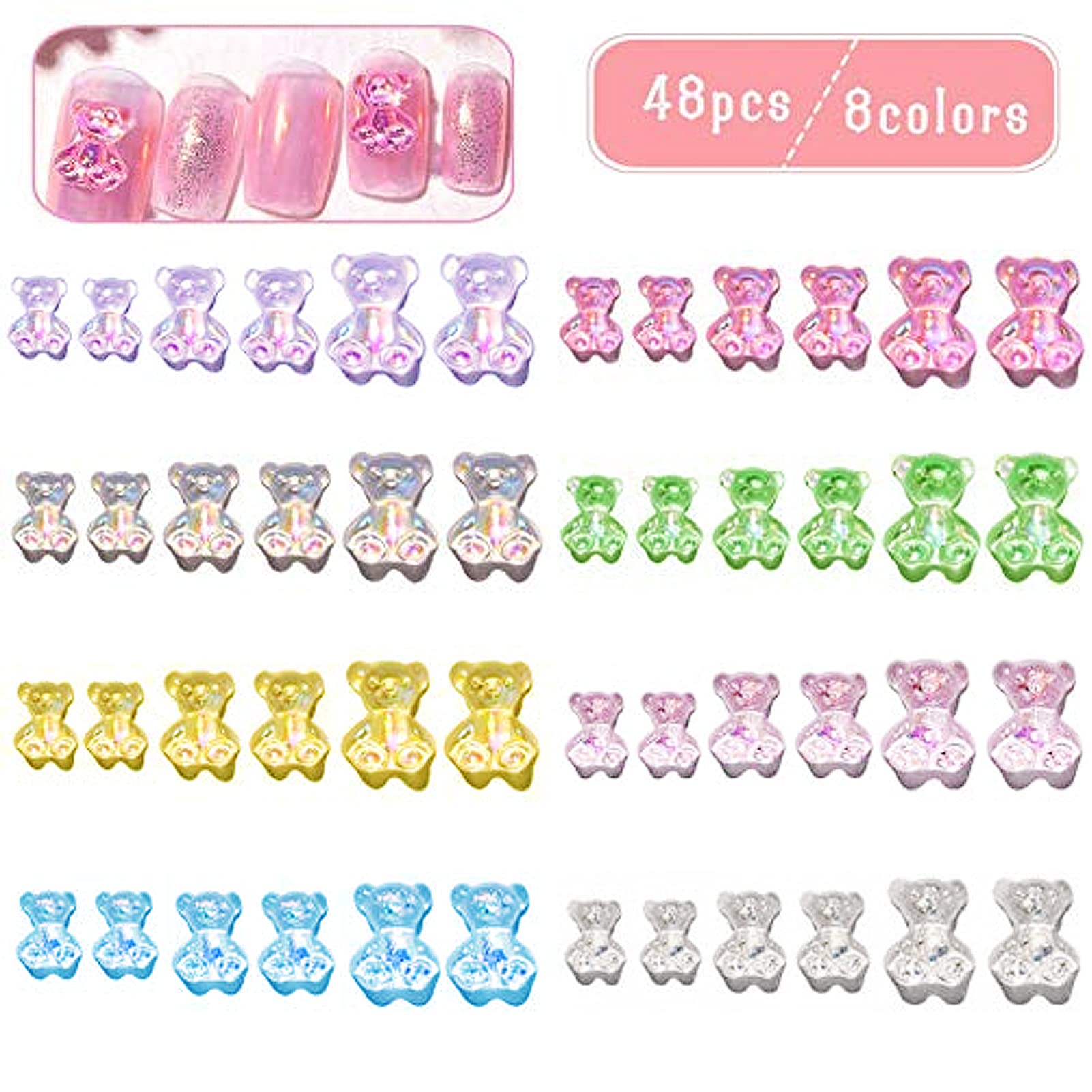 3D Bear Nail Charms, 48 Pcs Cute Gummy Bear Nail Art Supplies, Nail  Decoration Supplies for Nail DIY Design Women Girls