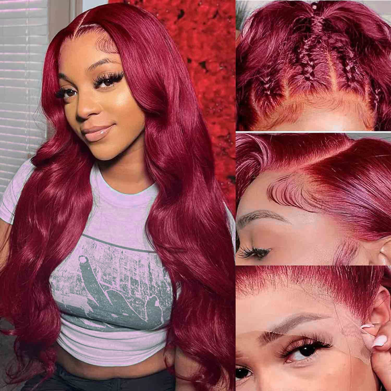 Dark Burgundy Color Body Wave Lace Front Wig With Bleached