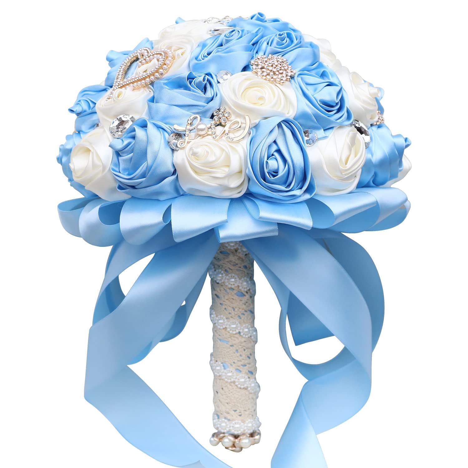 WIFELAI-A New Silk Bridal Bouquet Big Rhinestones Silk Hold Bouquet Diamond  Brooch Bride Wedding Bouquet W373B-21 Baby Blue Ivory