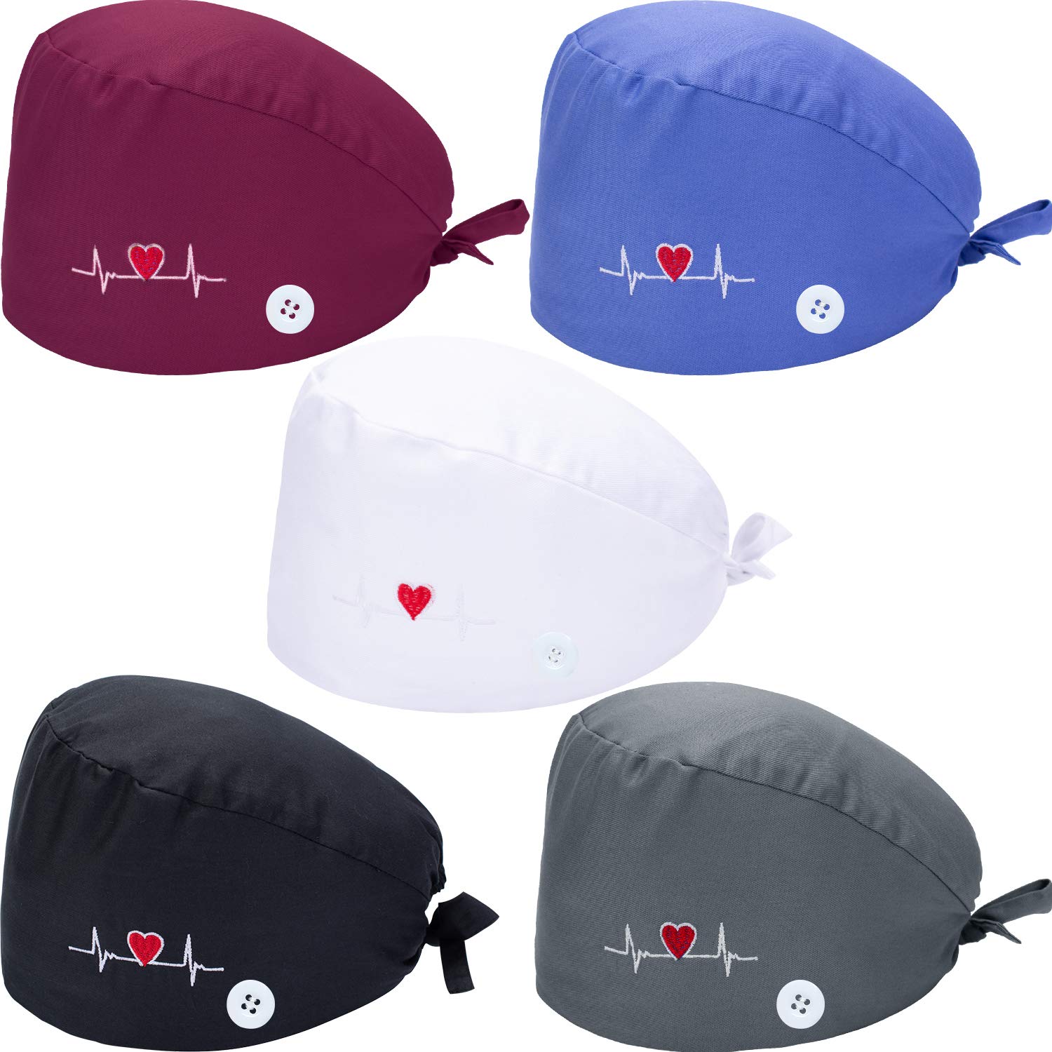 SATINIOR 5 Pieces Bouffant Cap with Buttons Unisex Sweatband Adjustable Tie  Back Hat Blue gray purple