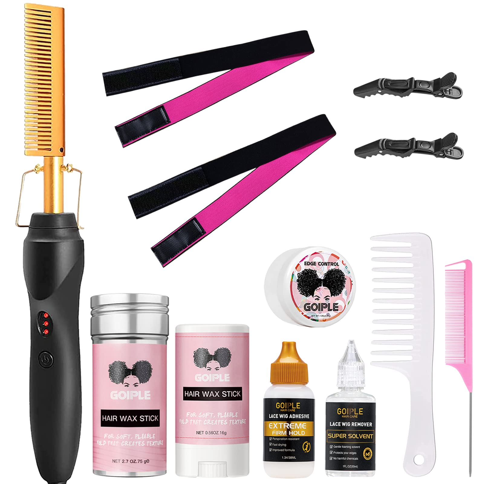  Goiple Electric Hot Comb Hair Straightener, Deluxe Electrical Straightening  Comb Curling Iron for Natural Black Hair Wigs Pressing Combs with Wig Glue  Hair Wax Stick Set : Beauty & Personal