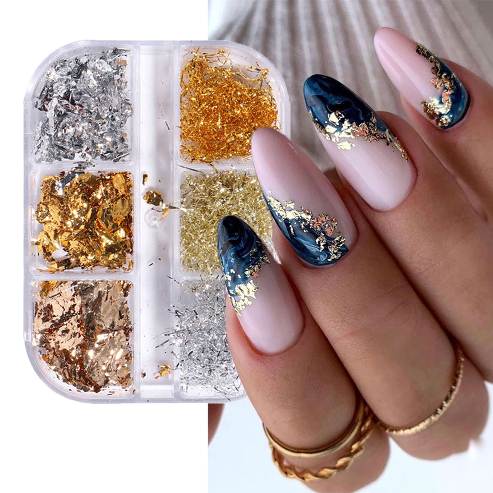 Eseres Nail Foil 3D Sparking Gold Flakes for Nails 6 Grids Metallic Nail  Glitter for Nail Art Design Gold&Silver