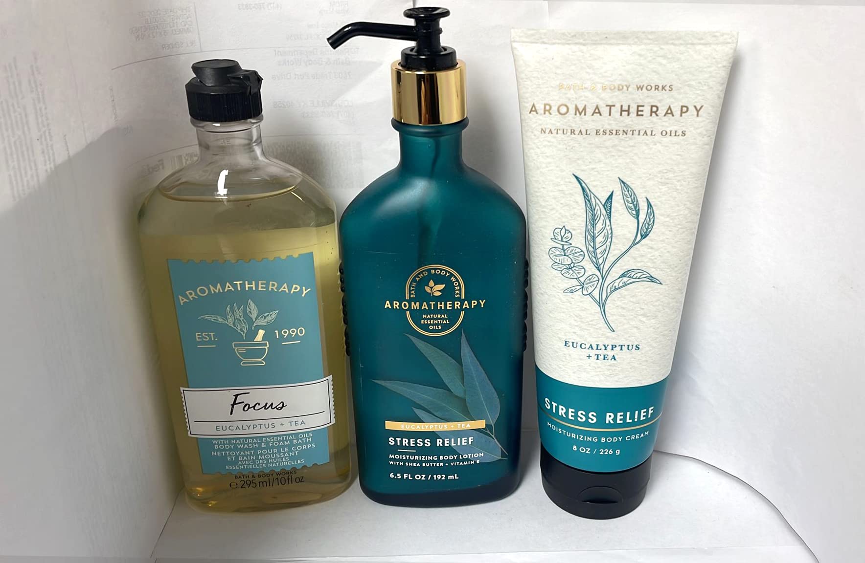 Bath and Body Works Aromatherapy STRESS RELIEF EUCALYPTUS TEA Trio Gift Set  - Body Lotion 6.5 oz Shower Gel Foam Bath 10 oz and Body Cream 8 oz