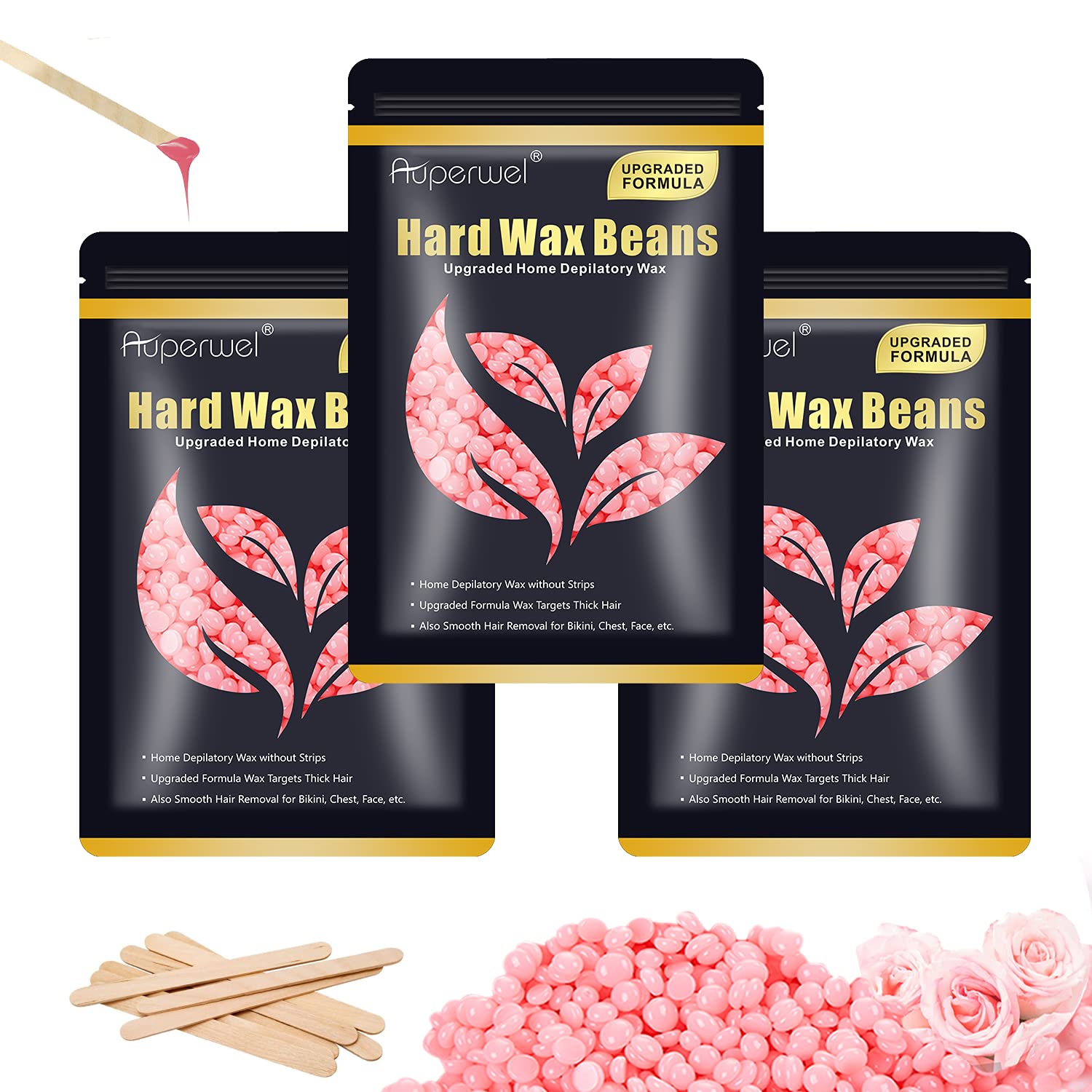 Hot Wax Warmer Hair Removal Depilatory Waxing Kit for most skin, with 4  Bags Hard Wax Beans&10 Stick,Pink 