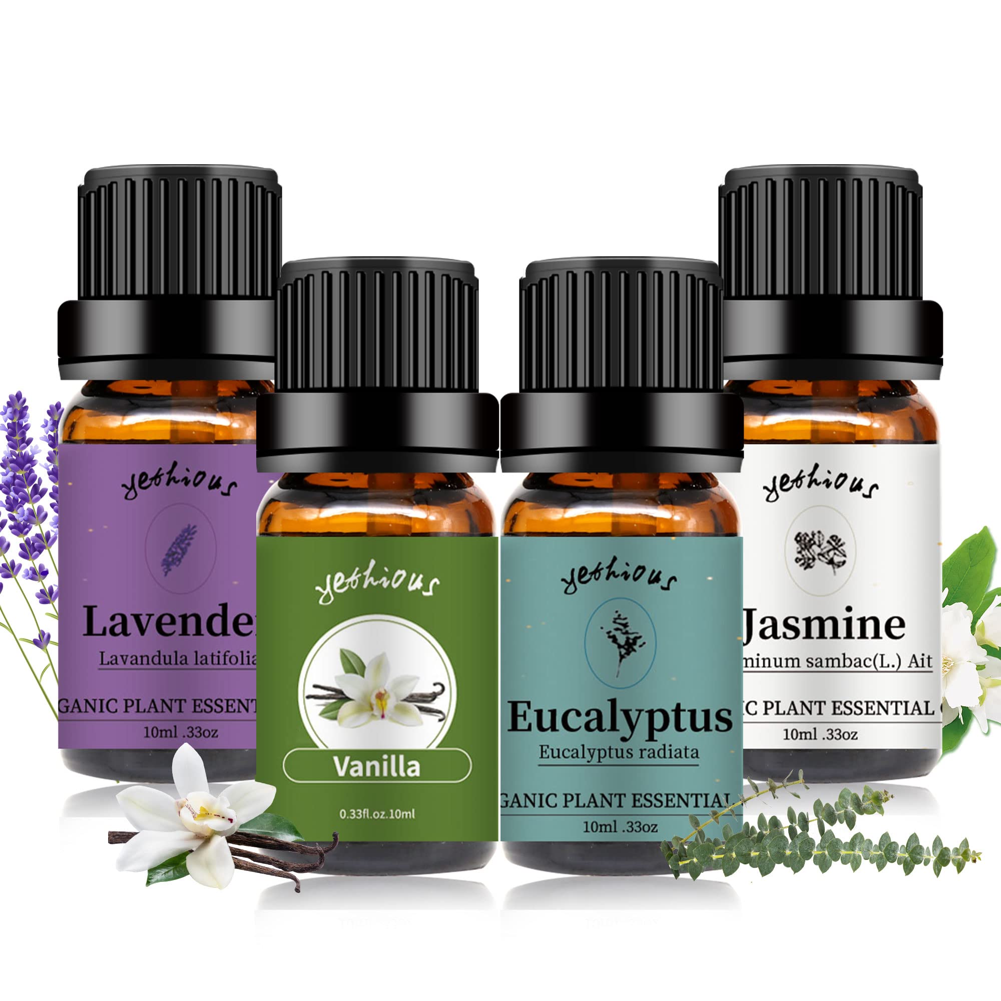 yethious 4 Pack Lavender Jasmine Vanilla Eucalyptus Essential Oil Set Vanilla  Essential Oil for Diffuser, Soap/Candles Making Jasmine Essential Oil  (Lavender + Jasmine + Vanilla + Eucalyptus)