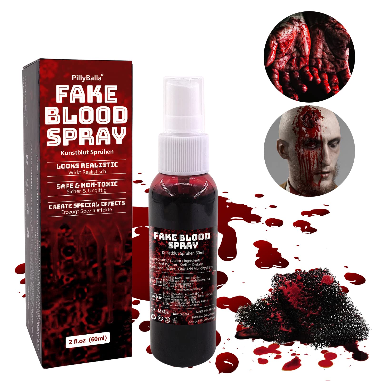 Fake Blood Splatter 2.1oz Fake Blood Spray Halloween Liquid Blood Vampire  Blood for Halloween Decorations Zombie Monster SFX Makeup & Dress Up  Cosplays Costumes & Parties | Looks & Feels Like Real