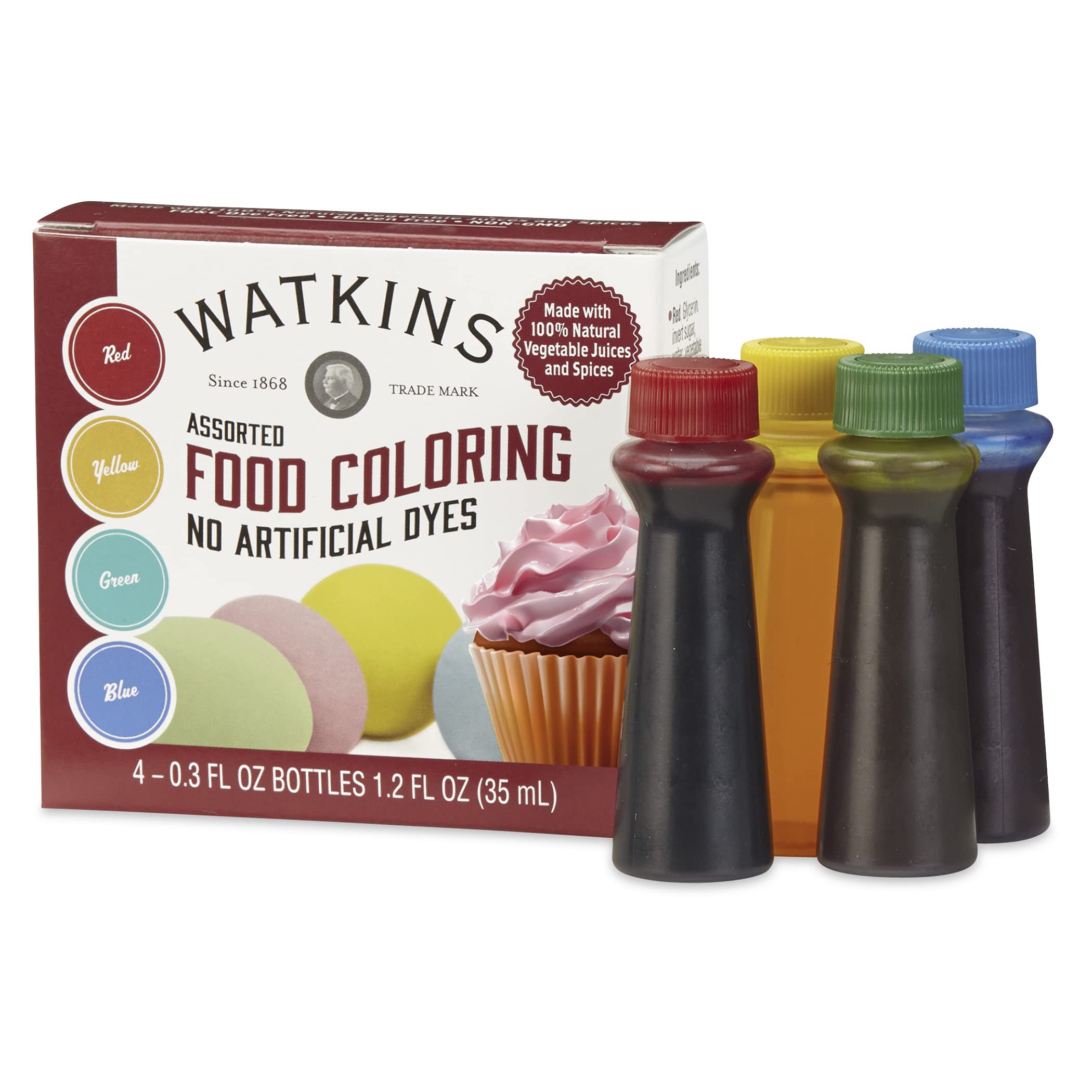 Watkins Assorted Food Coloring, 1 Each Red, Yellow, Green, Blue, Total Four  .3 oz bottles Assorted
