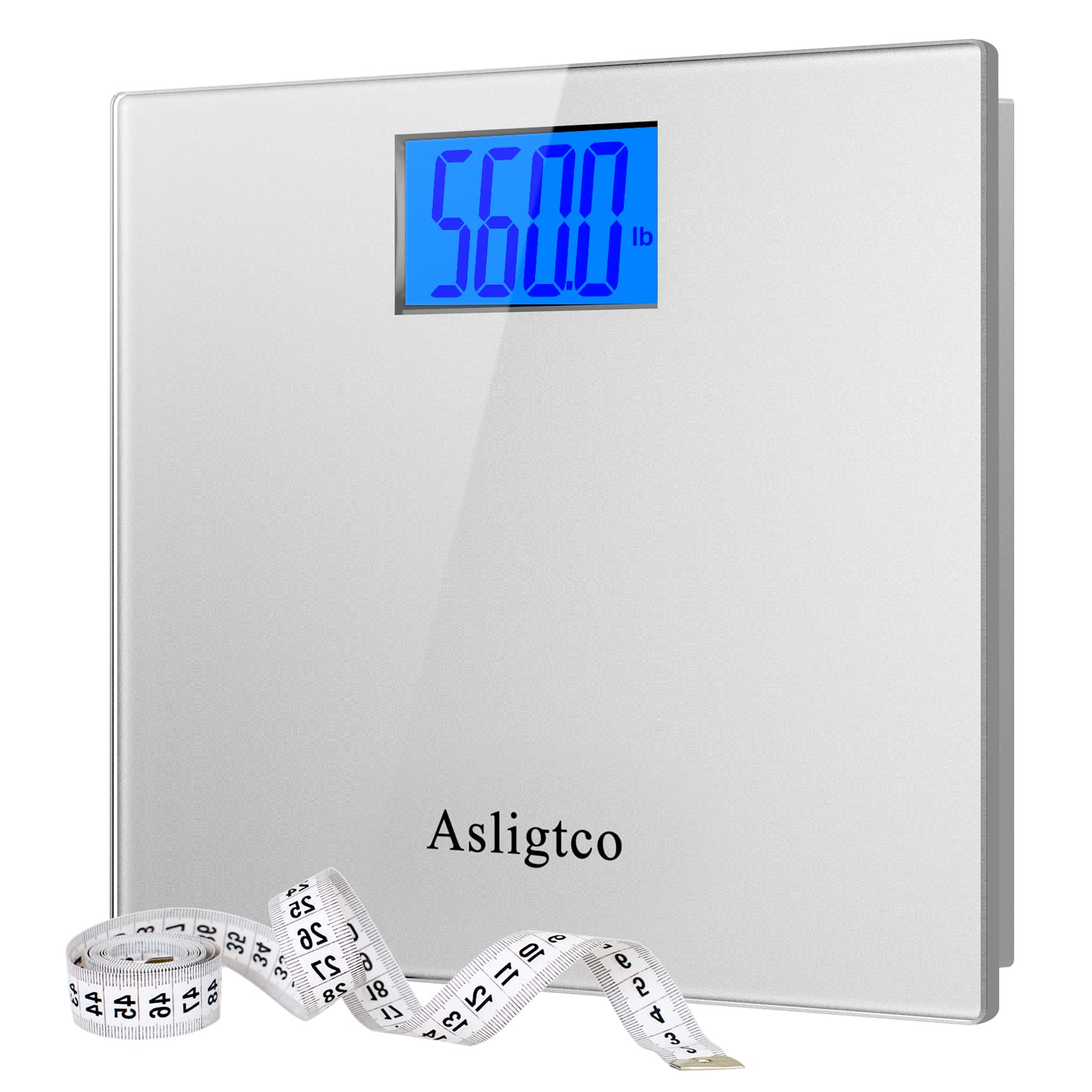 Asligtco Bathroom Scale 560lbs High Capacity Scale for Body Weight Extra  Large Platform Backlit Display Digital Scales with Tape Measure & Battery (Silver)