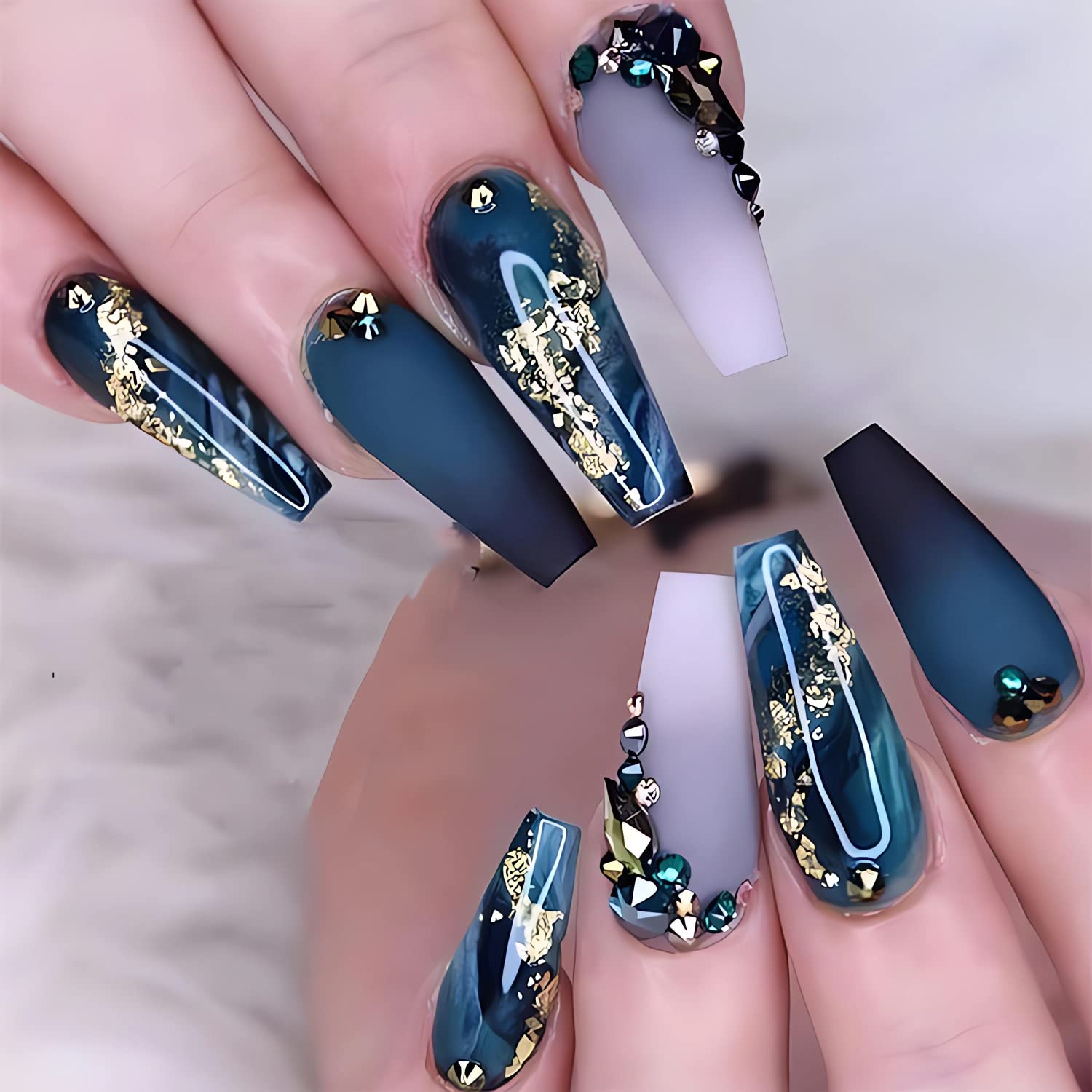 Long Press on Nails Navy Blue Coffin Fake Nails French Marble False Nails  with Glitter Designs Rhinestones Glue on Nails Matte Stick on Nails  Artificial Nails for Women 24Pcs Matte and Glossy