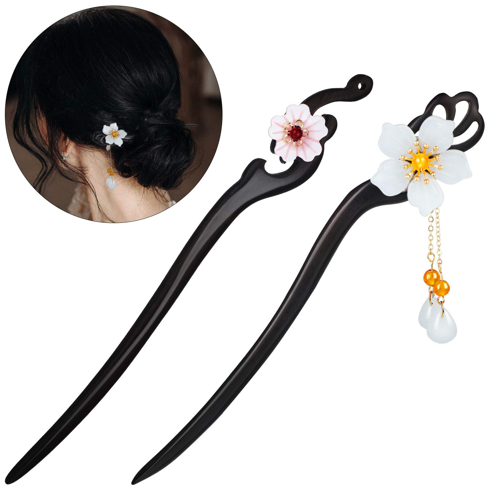 2 Pieces Chinese Japanese Style Hair Sticks Flower Wooden Hair Chopsticks  Retro Flower Decor with Tassel