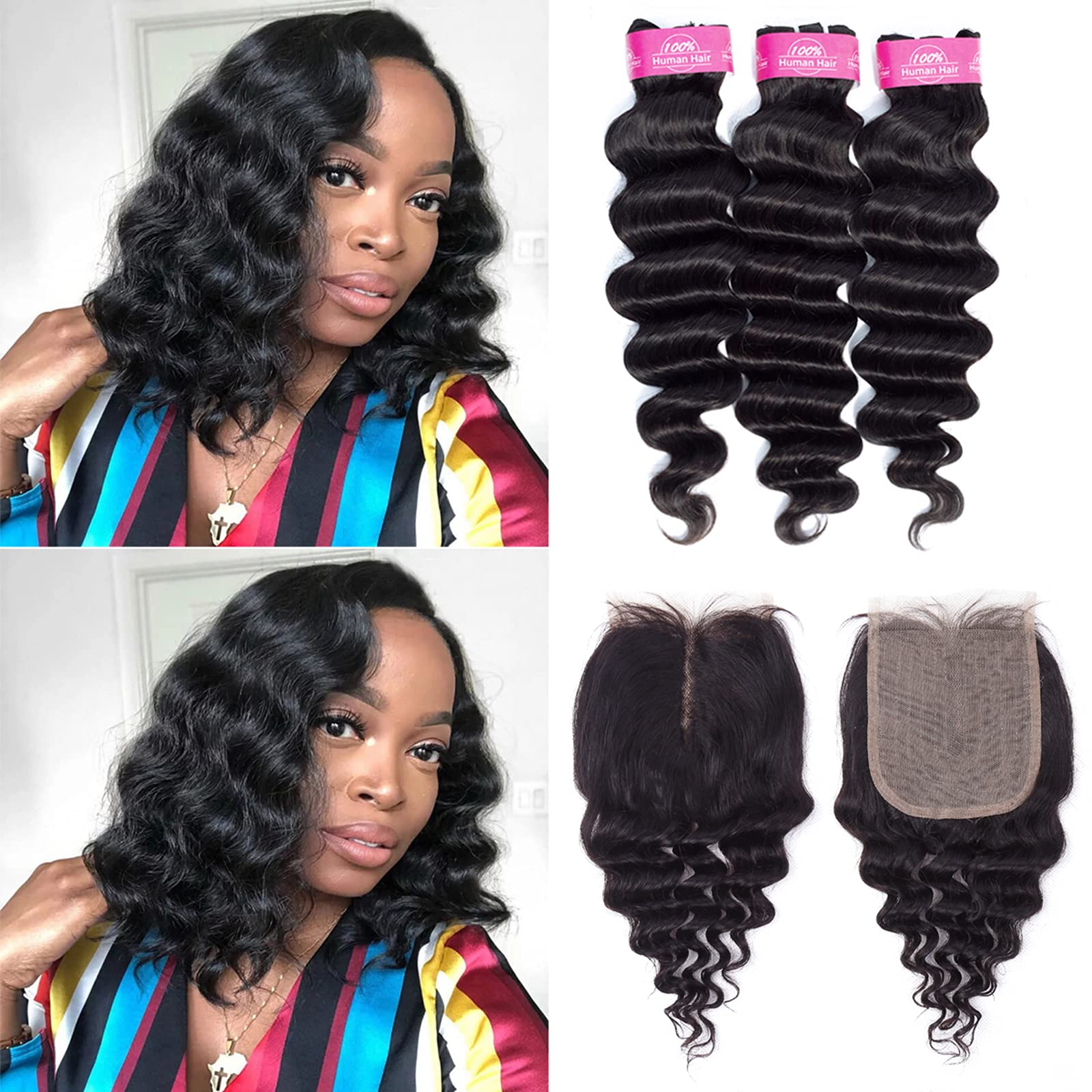 Loose Deep Wave Bundles with Closure 100% Unprocessed Virgin Human Hair  Loose Wave Bundles with Closure Brazilian Curly Bundles with Closure Human