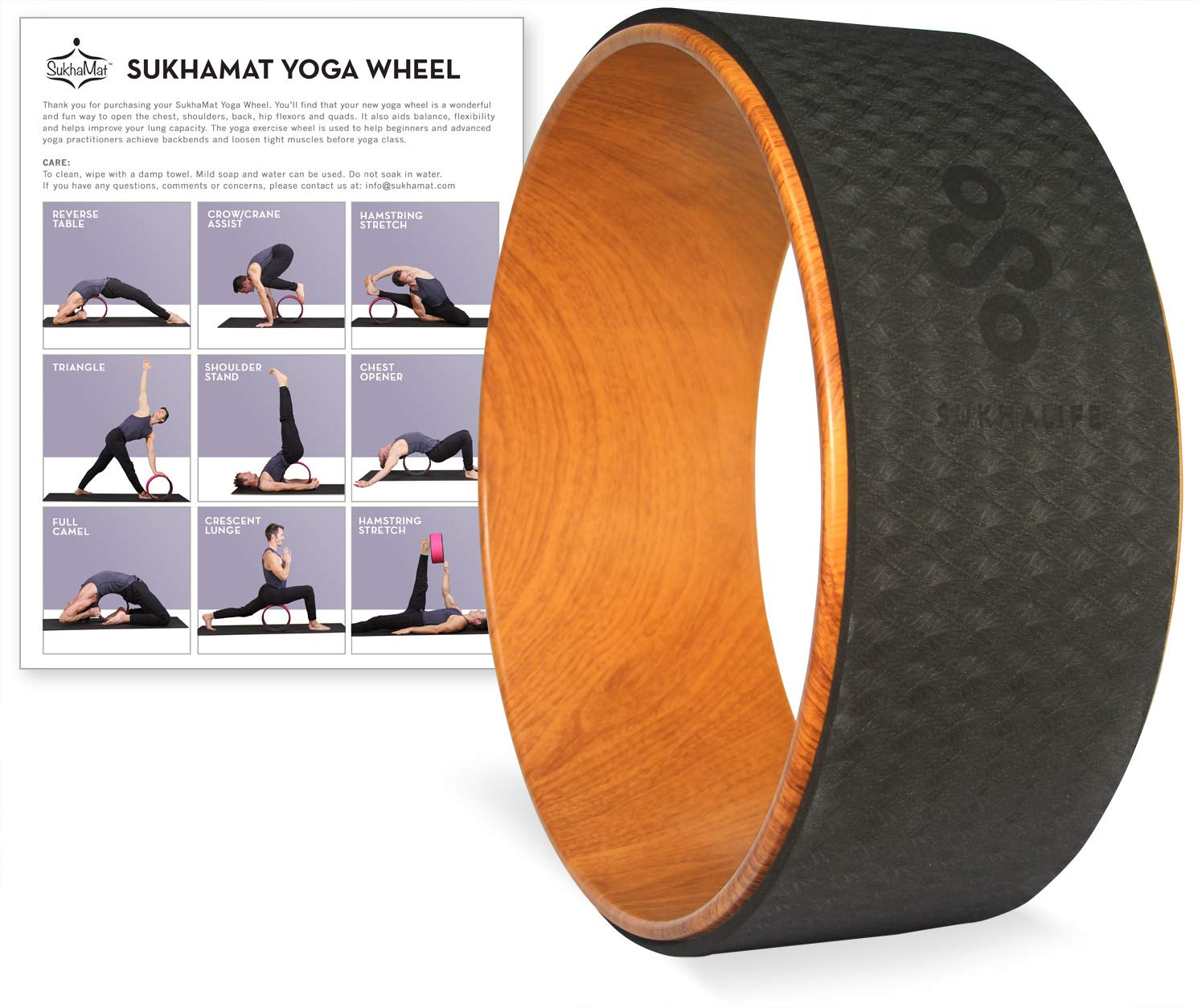 SukhaMat Yoga Wheel - Pro - 12.5 x 5 Yoga Prop Wheel for Deeper Poses,  Relieve Back Pain, Stretching, New! Online Video Yoga Wheel Classes &  Printed Guide WoodGrain/Black