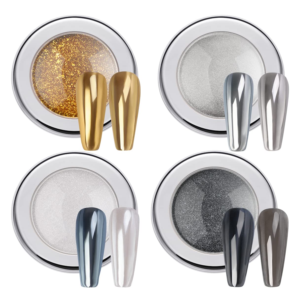  PrettyDiva Chrome Nail Powder Set- 4 Jars of Nail Chrome Powder  Nail Art Mirror Glitter Effect Metal Chrome Powder in Gold, Silver, Black,  and White : Beauty & Personal Care