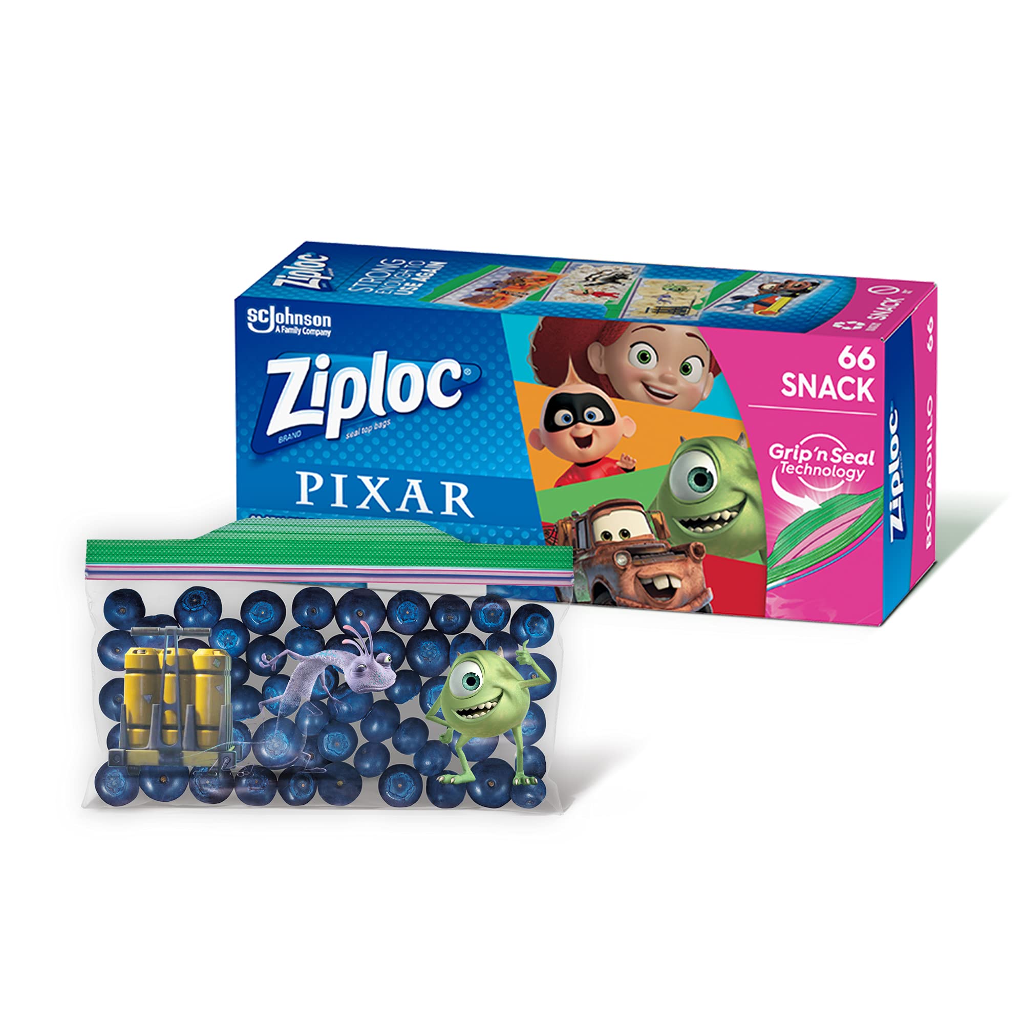 Ziploc Snack Bags for On the Go Freshness, Grip 'n Seal Technology for  Easier Grip, Open, and Close, 66 Count, Pixar Designs Pixar Snack