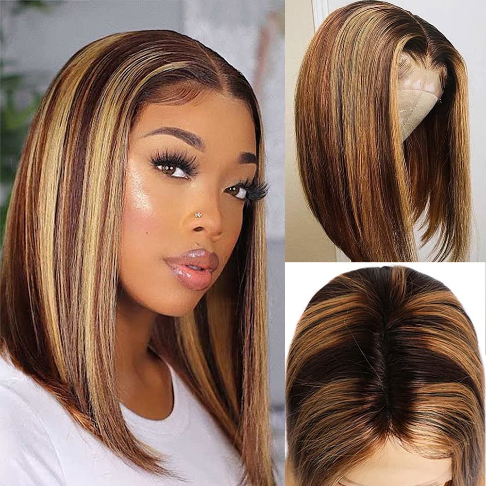 Glueless 4/27 Highlight Bob Human Hair Wigs Brazilian Straight Lace Front  4×1 T