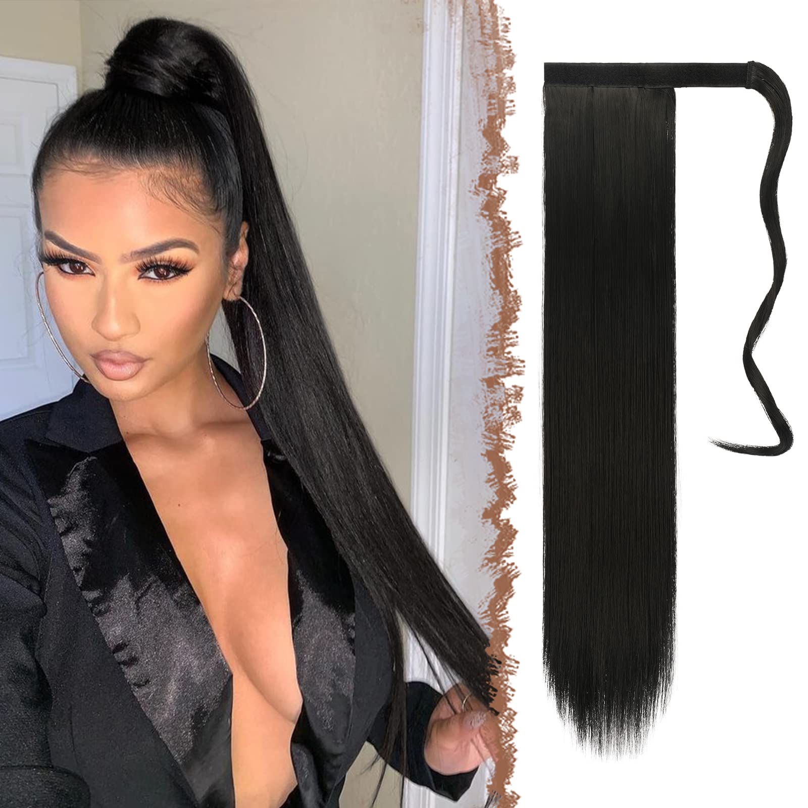 FESHFEN Long Straight Wrap Around Ponytail Extensions Synthetic