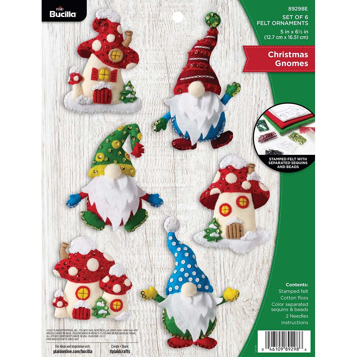 Bucilla Gnomes Felt Applique Christmas Ornaments Set of 6