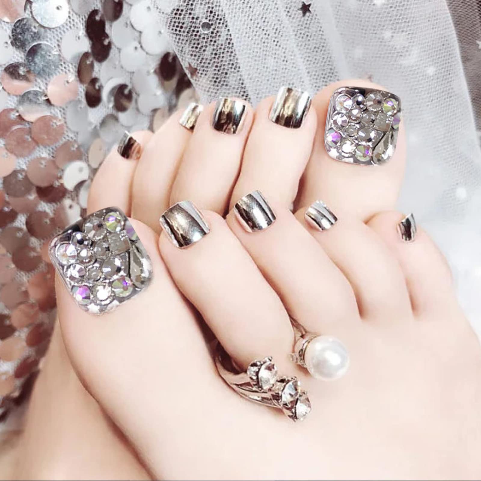 Summer Toe False Nail Sparkly Diamond Short Press on Nails for Nail Art  24pcs