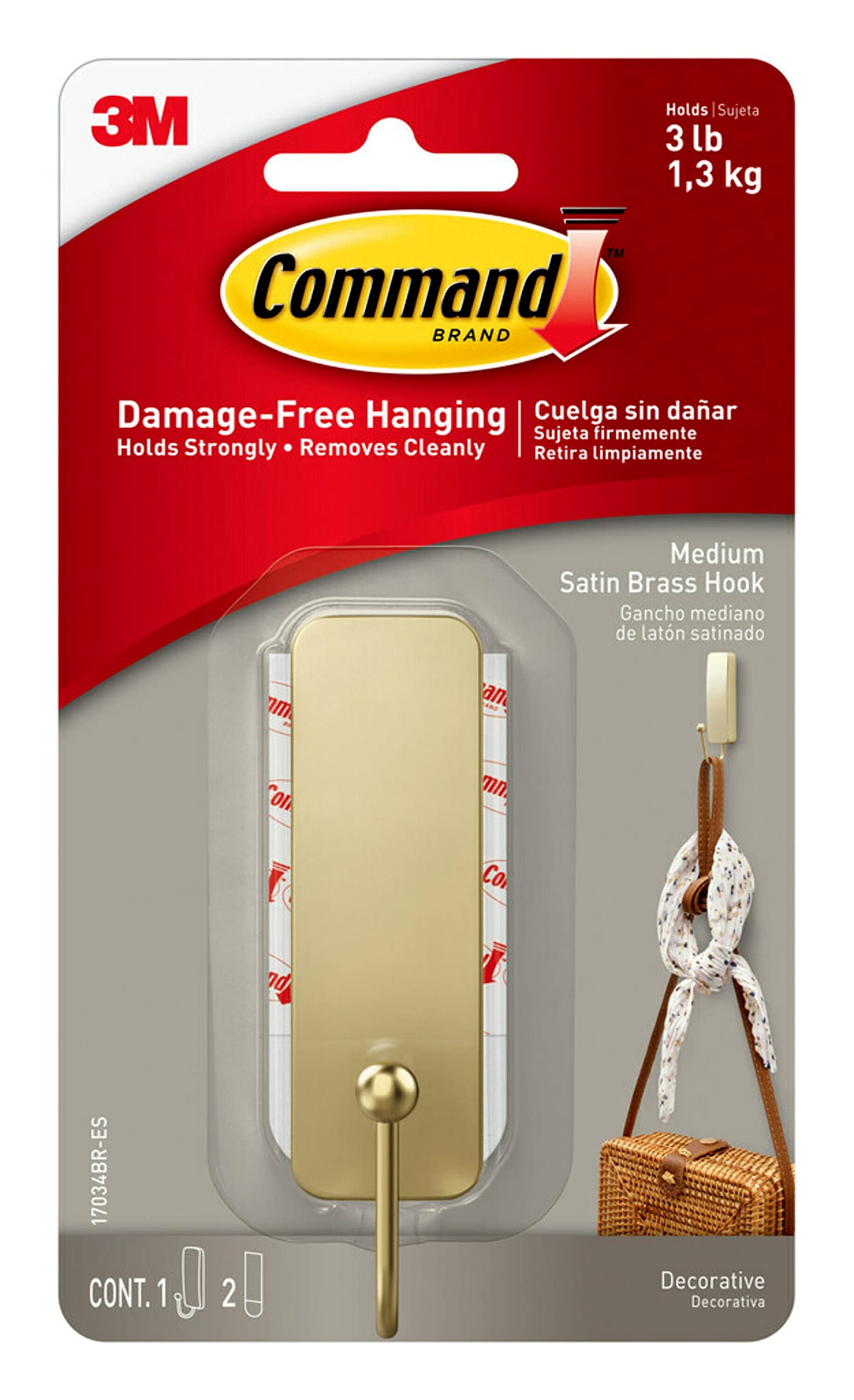Command Medium Decorative Damage Free Hanging Wall Hooks with Adhesive  Strips No Tools Wall Hooks for Hanging Decorations in Living Spaces 1 Satin  Brass Hook and 2 Command Strips