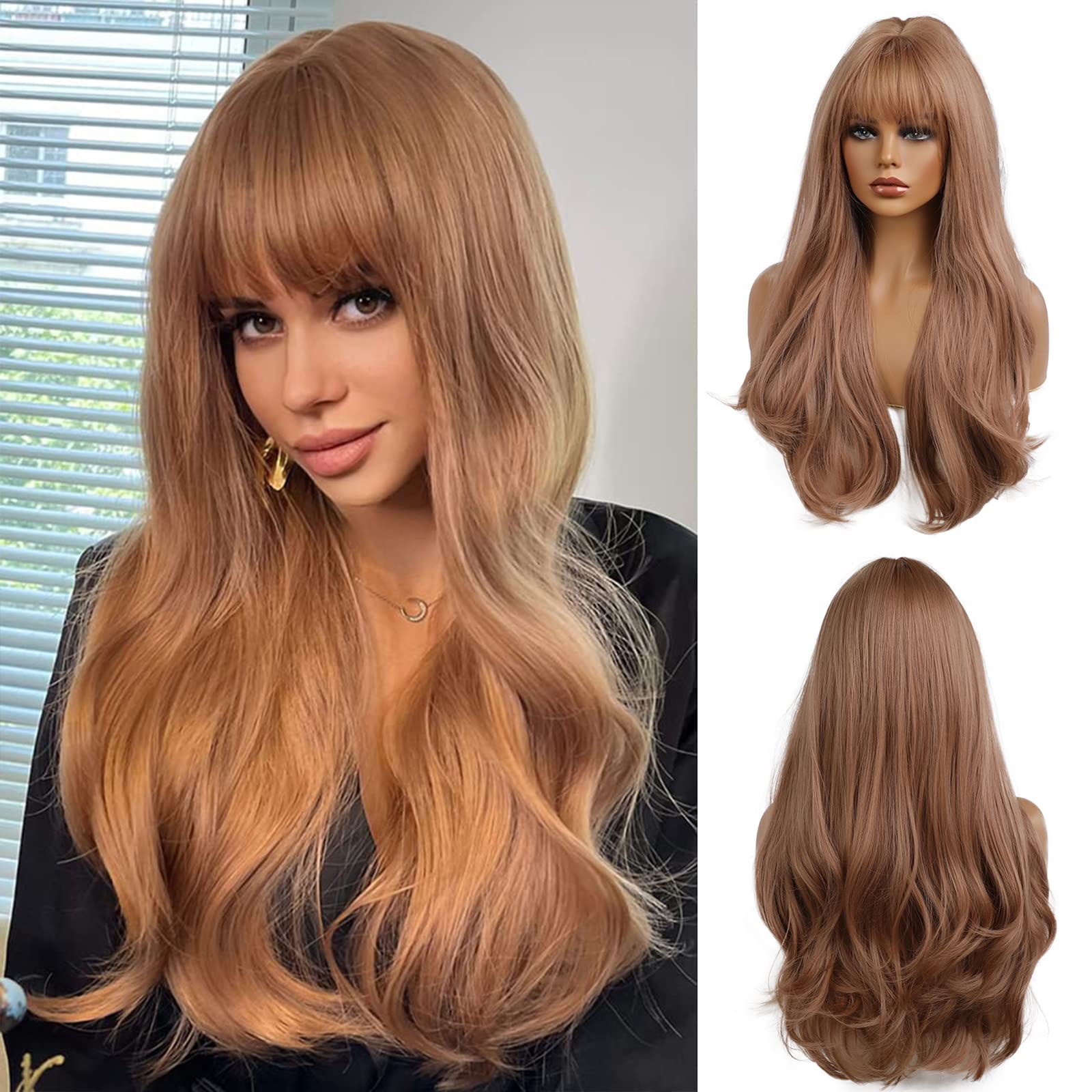 Esmee 24 Inches Strawberry Blonde Long Wavy Wig with Bangs for Women  Natural Synthetic Hair Heat