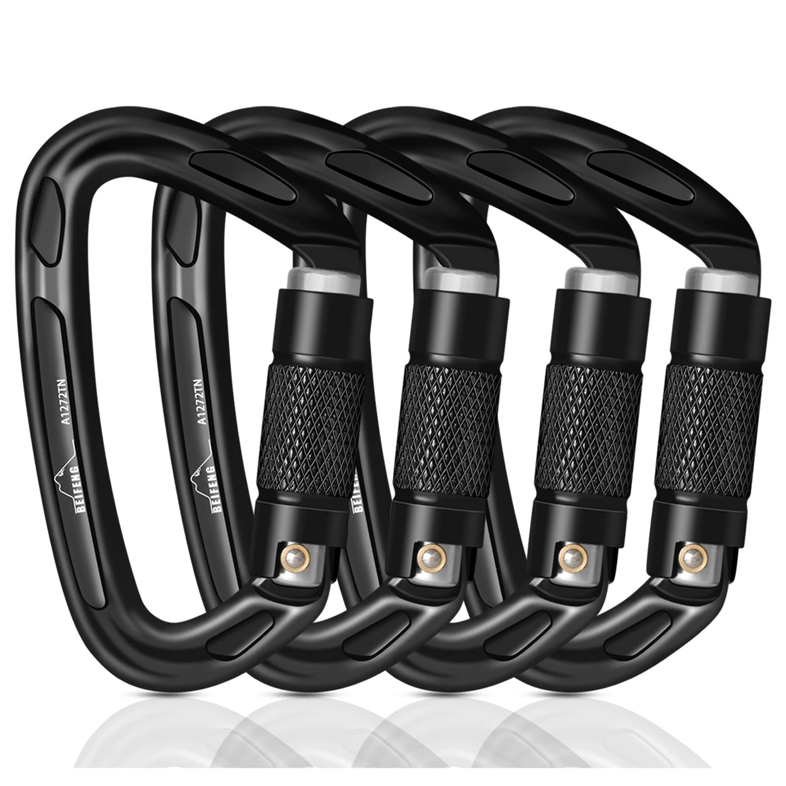 BEIFENG Auto Locking Carabiner 25KN Climbing Carabiner Large Carabiner Clip  Obtained UIAA Certification Heavy Duty Carabiners Suitable for Rock  Climbing, Camping, Gym,Rescue Black Black & silver4Pcs