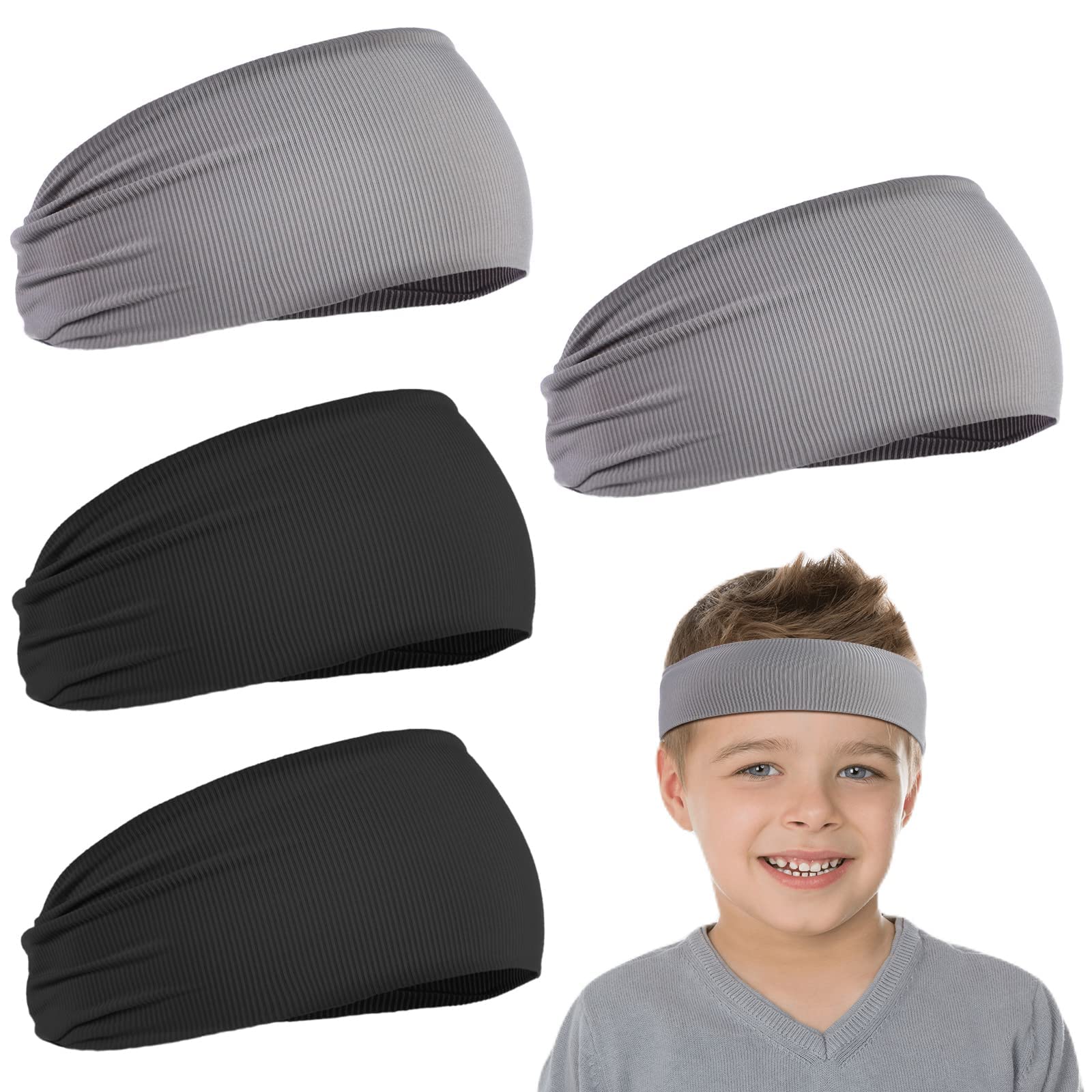 4 Pieces Kids Sports Headbands Athletic Sweatbands Headband Wicking Elastic  Hairband for Girls and Boys Toddler Children Black, Light Grey